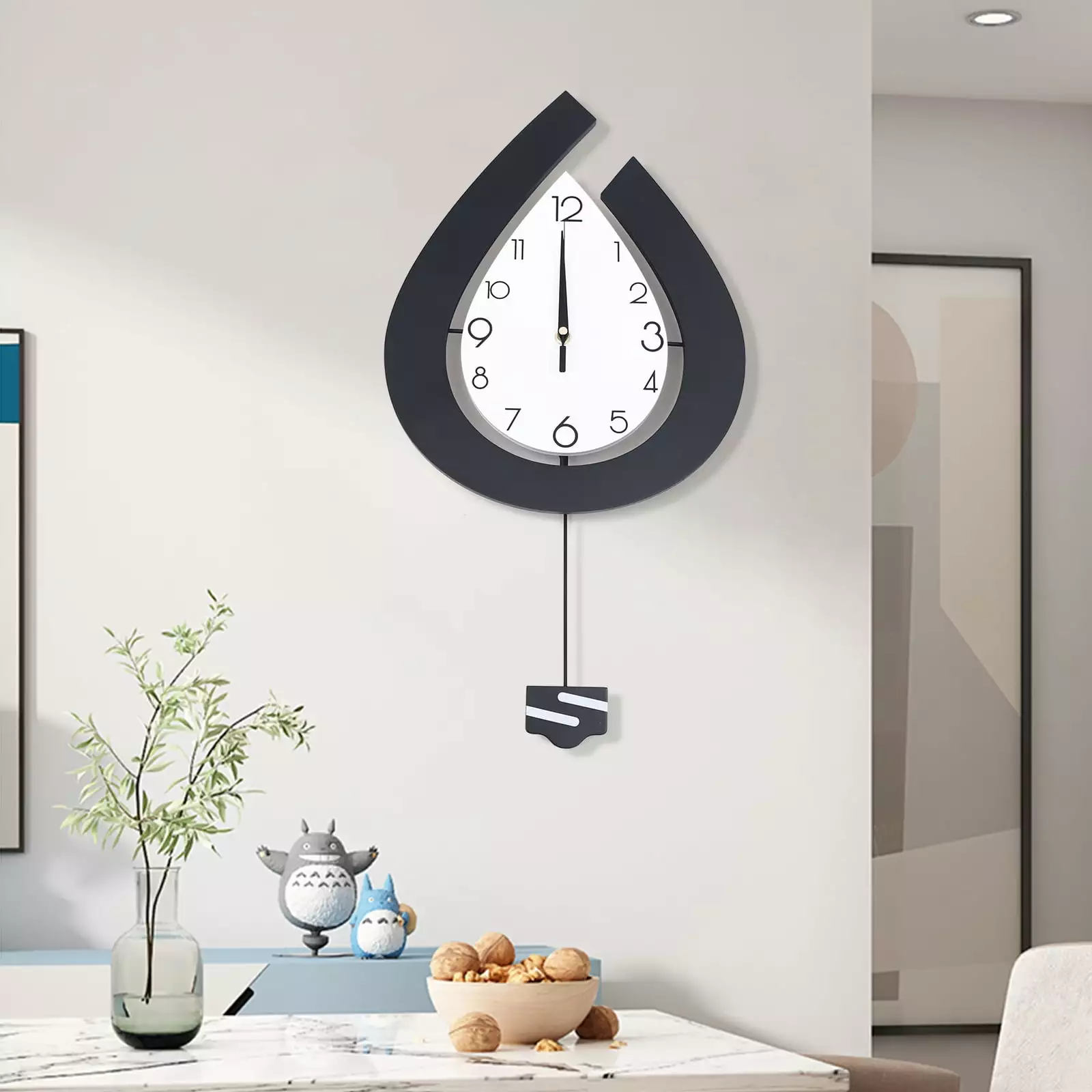 Miumaeov Wall Clock Creative Silent Wall Clock with Pendulum Large Size Wall Clock Black for Living Room Bedroom Home Decor -11.81 x 22.44 inch