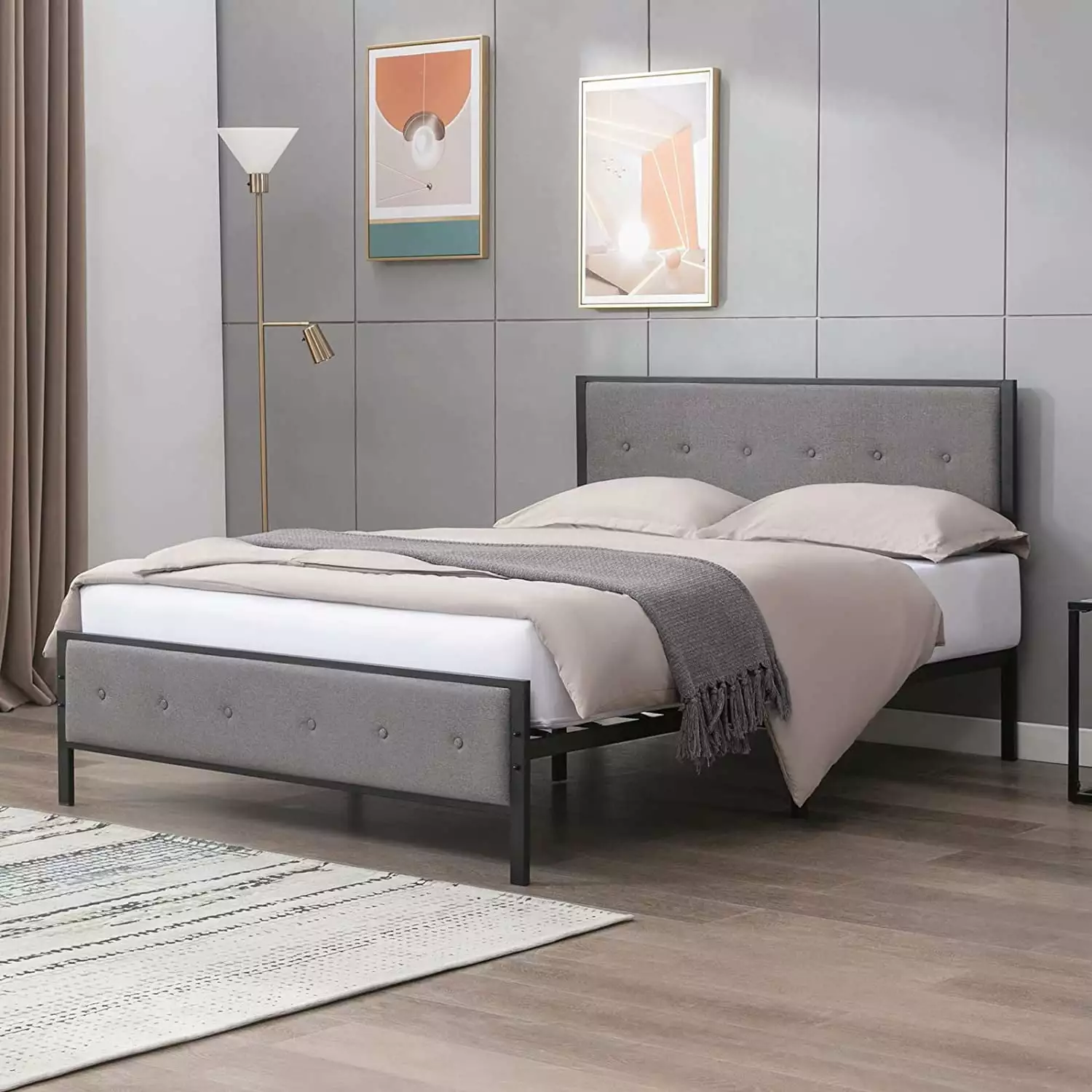 Mixoy Modern King Size Bed Frame with Linen Headboard. Platform Bed with Metal Slat Support (Dark Gray)