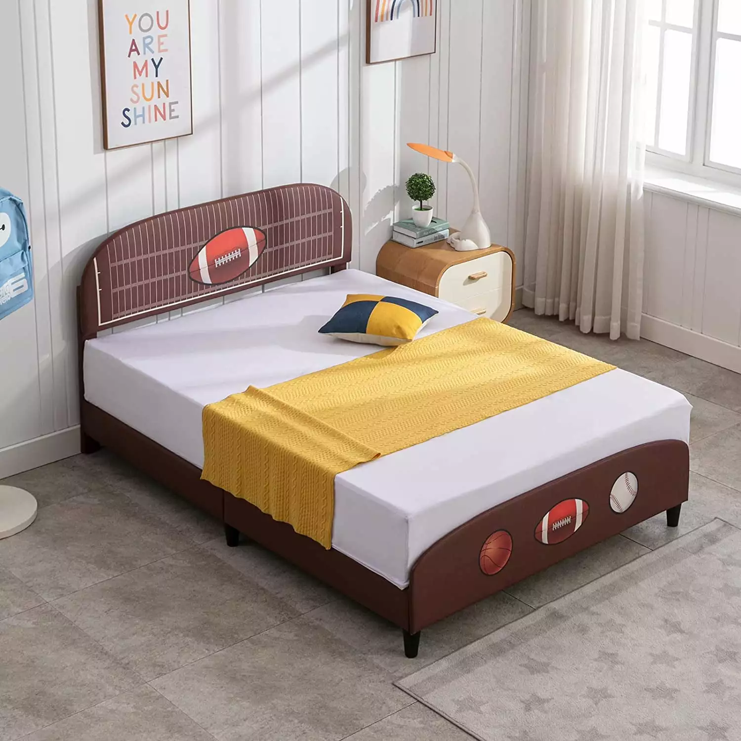 Mjkone Full Size Kids Beds Children Upholstered Toddler Bed with Curved Rugby Design Headboard Brown Platform Frame for Boys & Girls Teens. No Box Spring Needed (Brown)