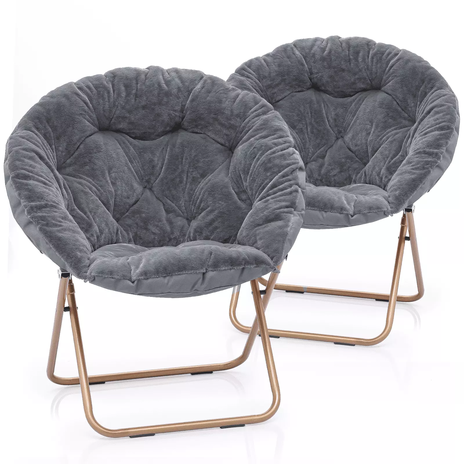 MoNiBloom 2 Pieces 33 Round Foldable Saucer Chair. Soft Faux Fur Oversized Folding Accent Chair Lounge Moon Chair with Metal Frame for Bedroom. Gray