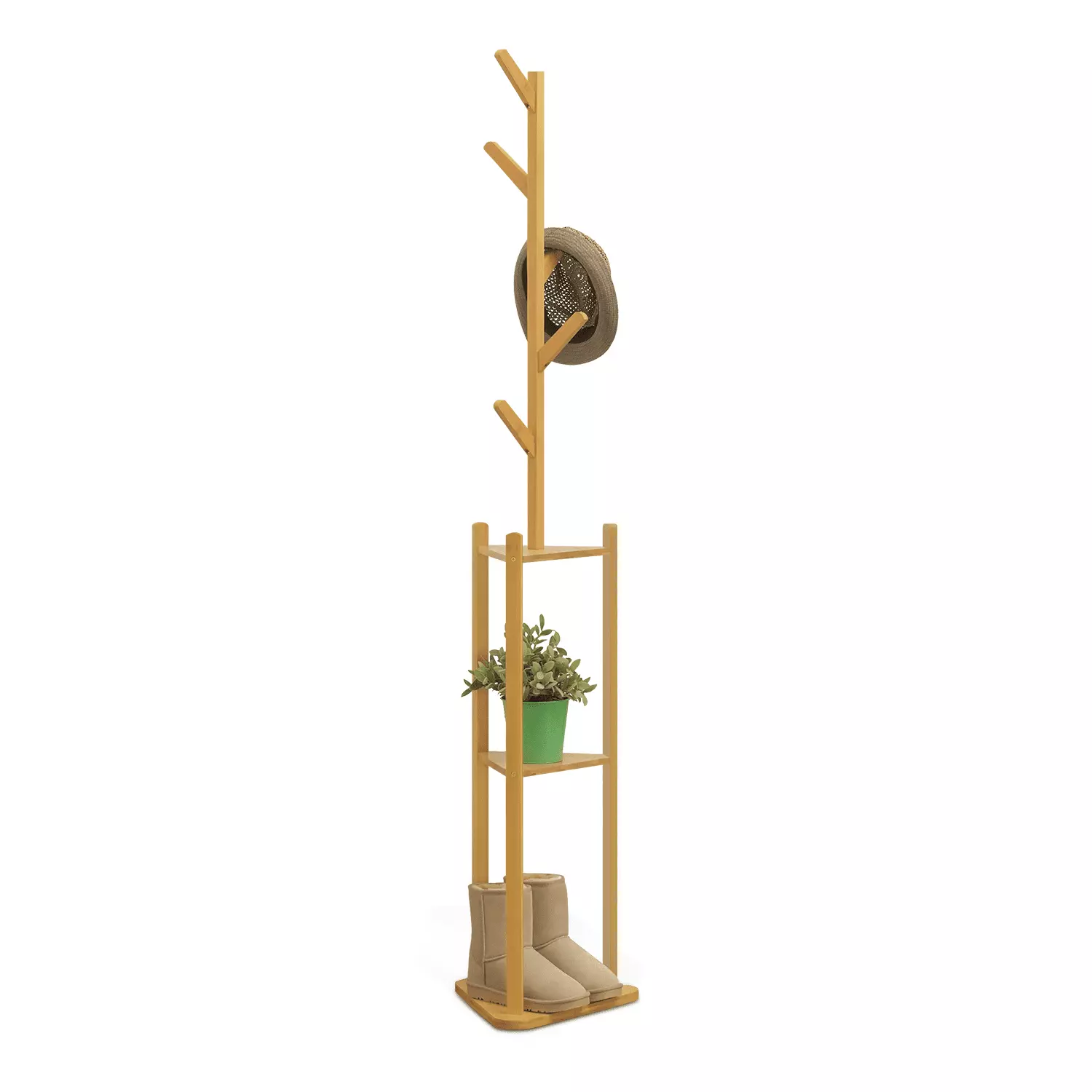 MoNiBloom Bamboo 3 Tiers Coat Rack. Clothes Storage Stand. Hooks Hall Tree. Natural. for Entryway