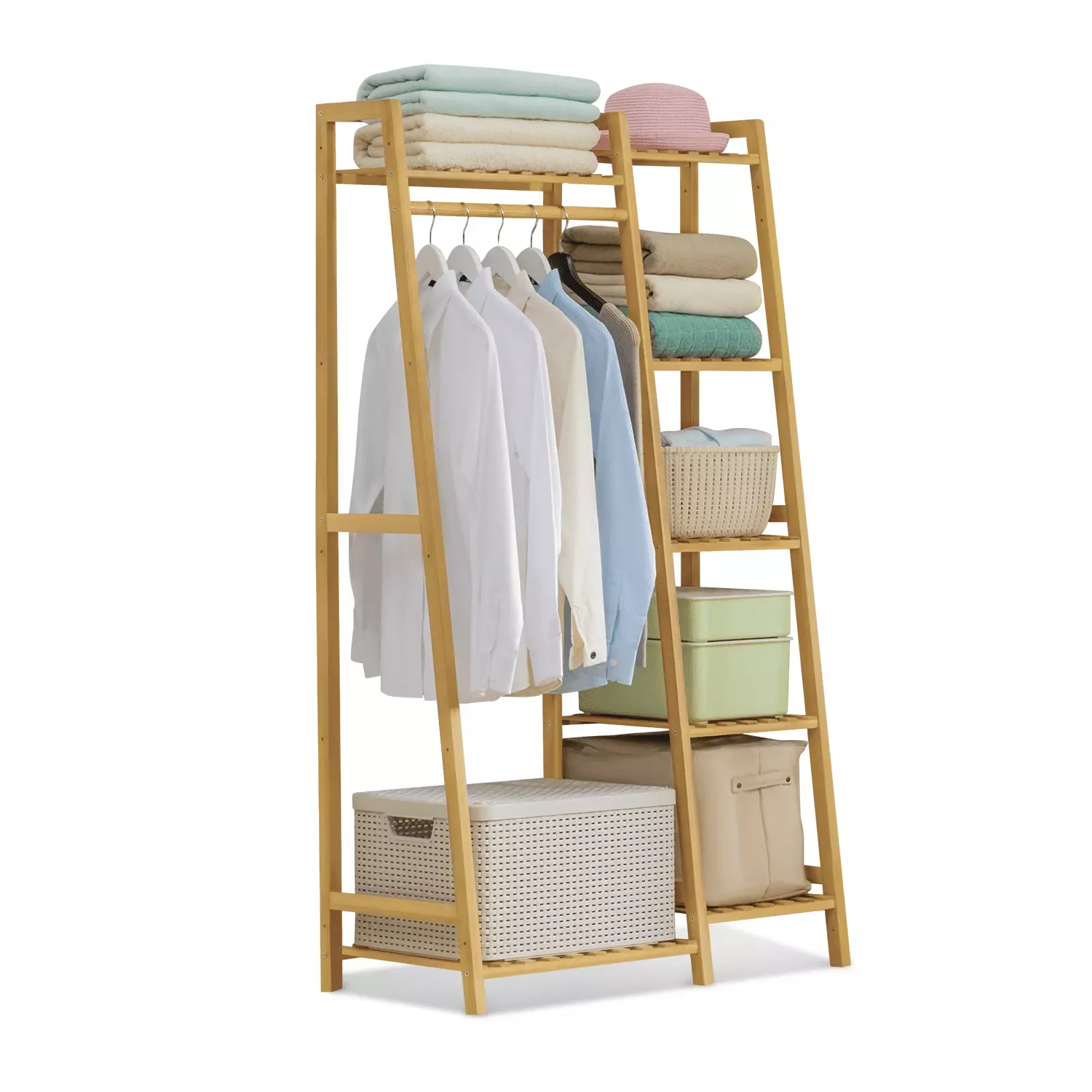 MoNiBloom Bamboo 5 Tiers Stable Trapezoid Coat Rack. Clothes Storage Shelf. Natural. for Bedroom