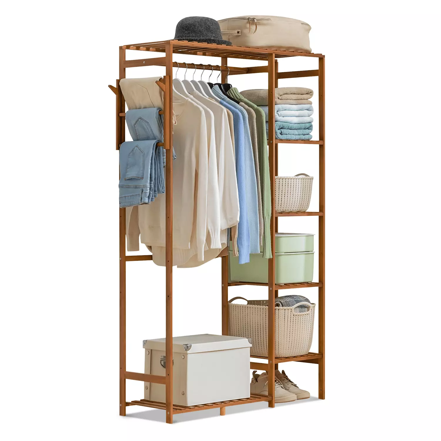 MoNiBloom Bamboo 6 Tiers Coat Pants Rack. Hanging Rod Closet Organizer Wardrobe. Brown. for Home