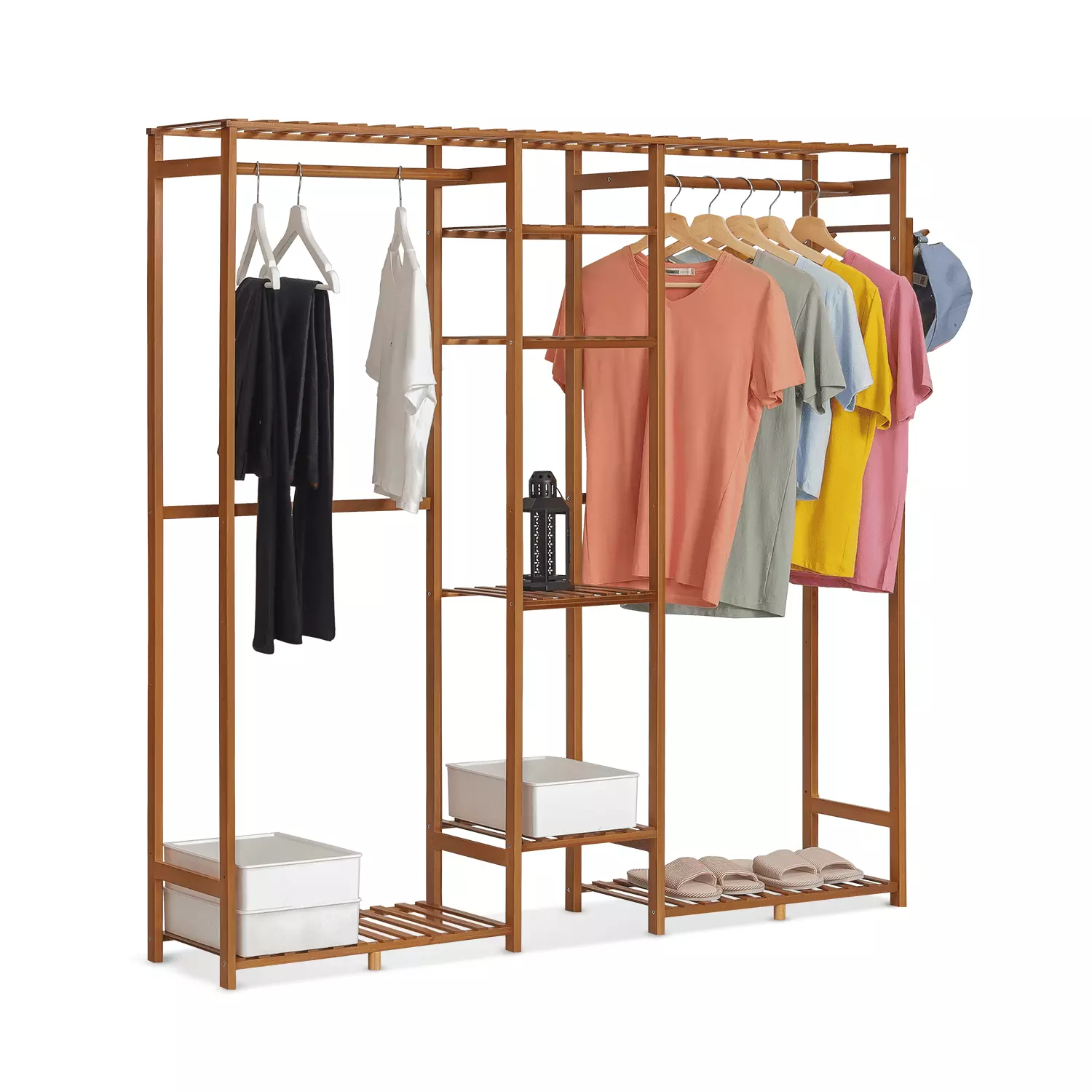 MoNiBloom Bamboo 6 Tiers Coat Pants Rack. Modern Closet Storage Wardrobe. Hat Hooks. Brown. for Bedroom