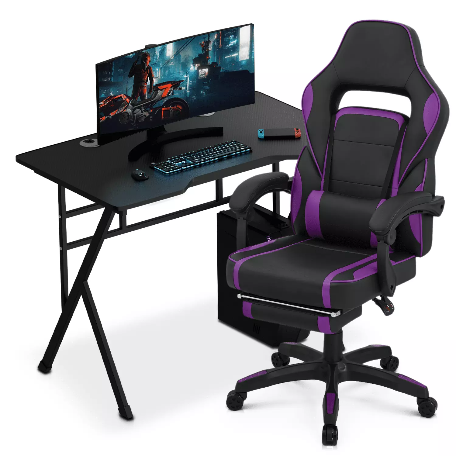 MoNiBloom Computer Desk & Gaming Chair Set. Office Desk with Host Rack and Adjustable Computer Chair with Footrest and Lumbar Support. Black/Purple