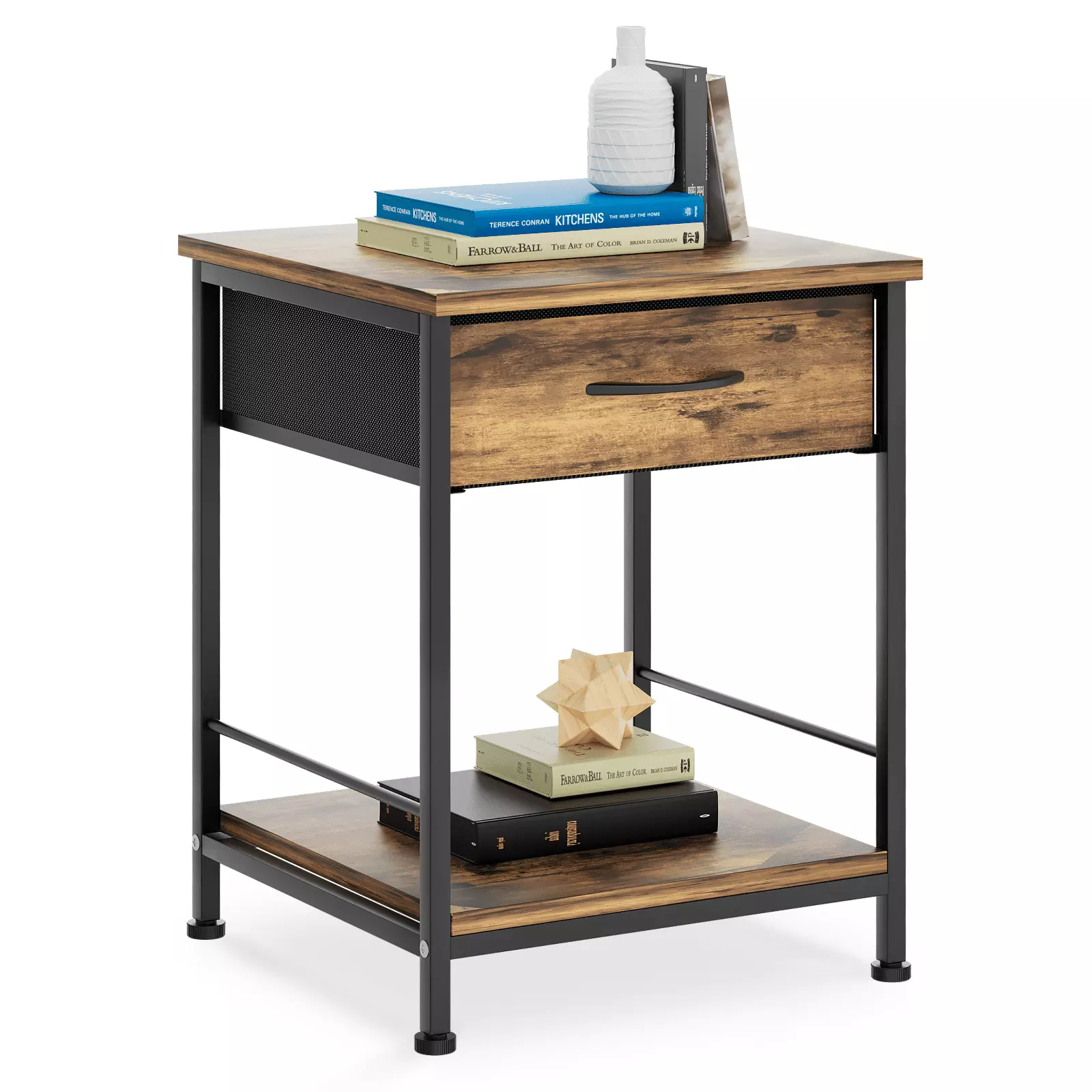 MoNiBloom End Table Side Table with Oxford Drawer & Open Shelf. Nightstands. Side Table for Bedroom. Living Room. Rustic Brown