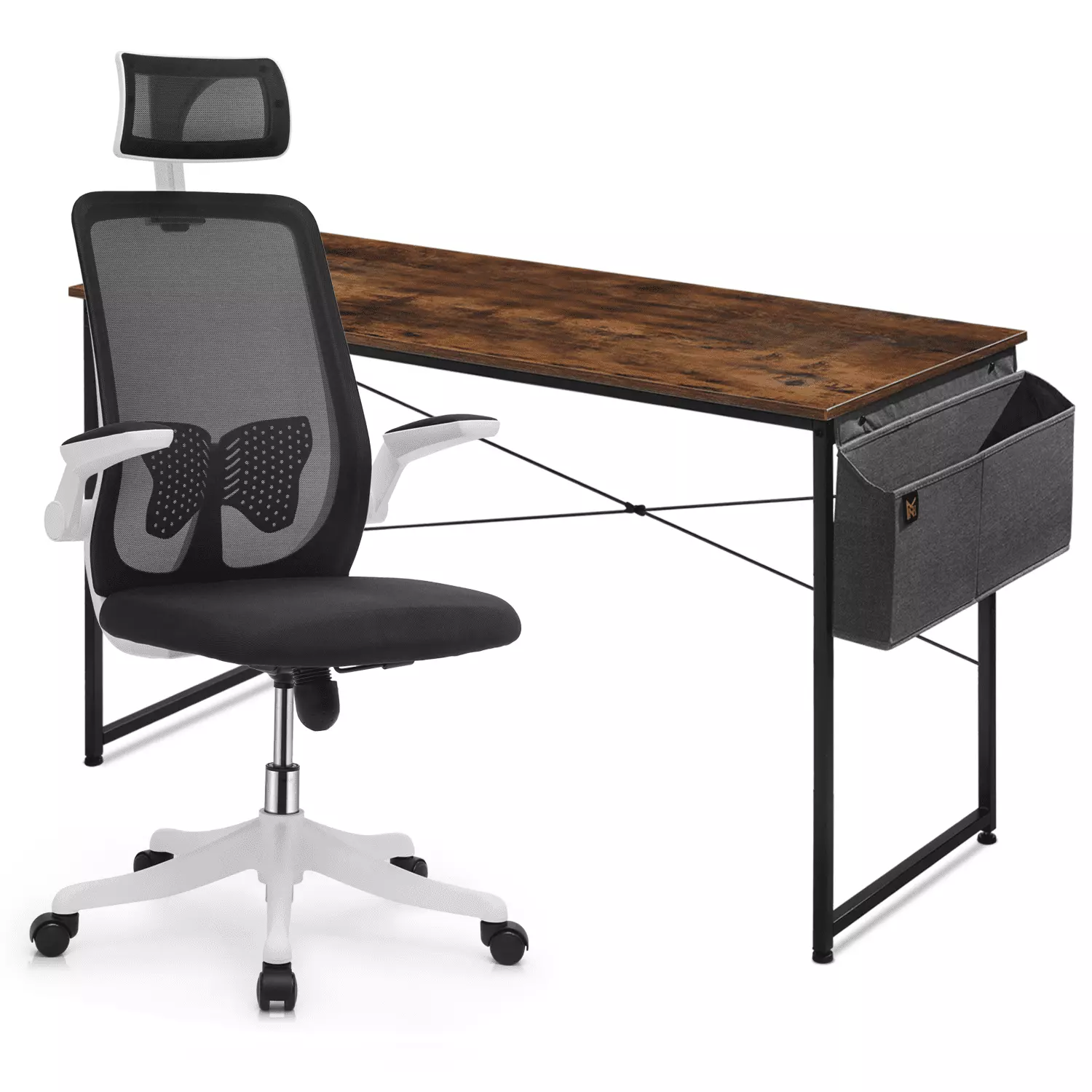 MoNiBloom Home Desk & Chair Set. Task Chair with Headrest & Flip-Up Arms and Laptop Table with Storage Bag. Black