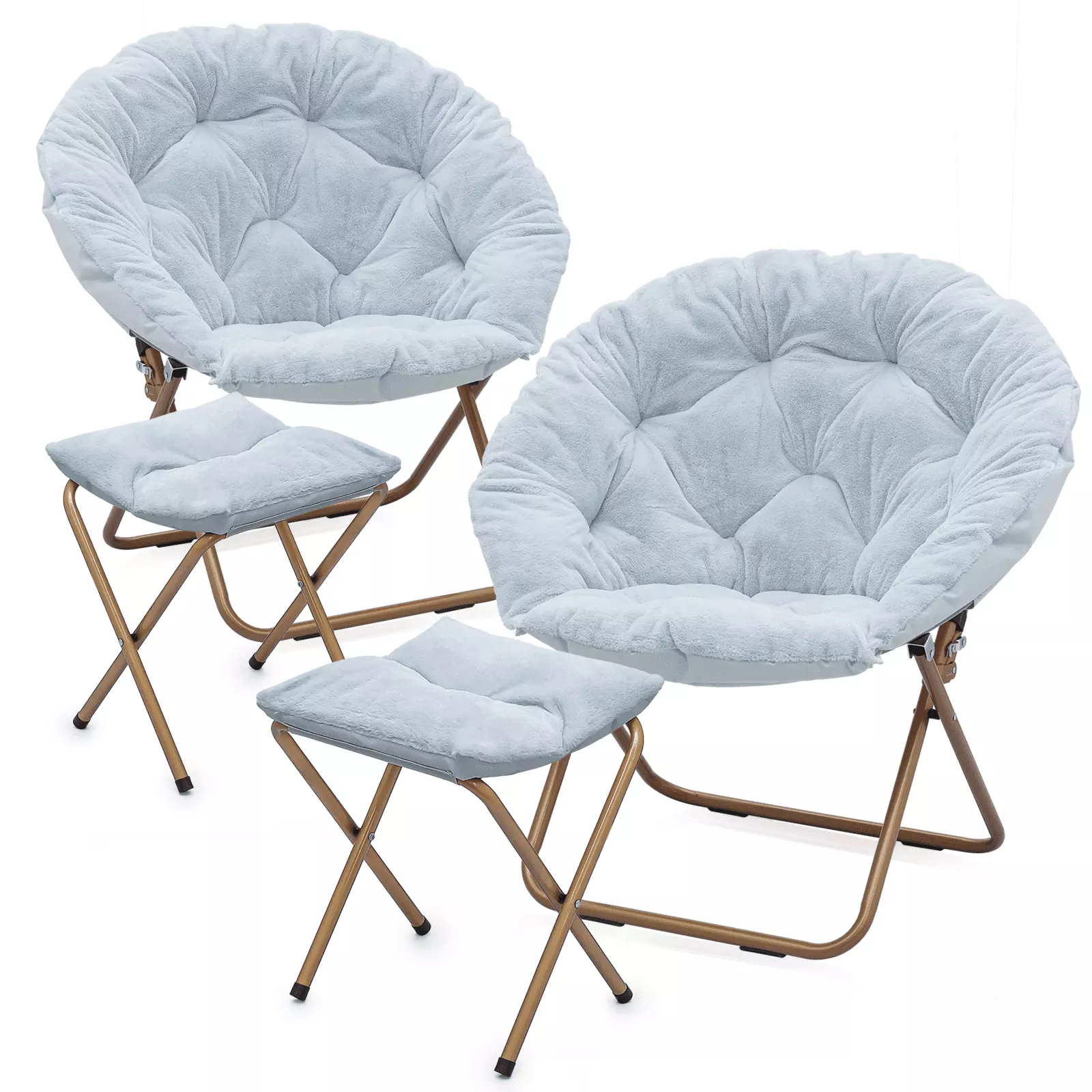 MoNiBloom Set of 2 Saucer Chair with Ottoman. Faux Fur Folding Chair and Footrest Foot Stool Set with Metal Frame for Bedroom Living Room. Blue