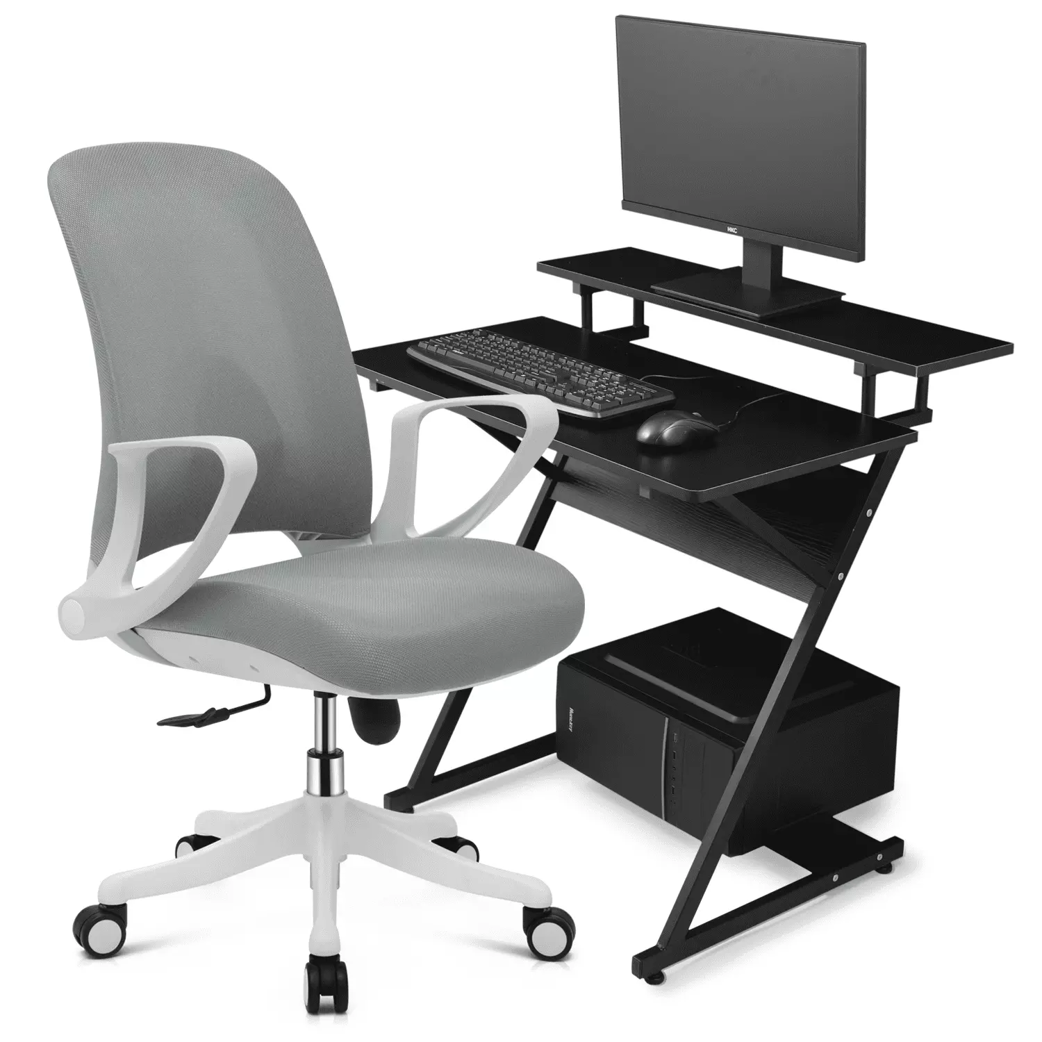 MoNiBloom Standing Computer Desk with Monitor Shelf & Host Rack and Rolling Reception with Seat Lumbar Support. Grey