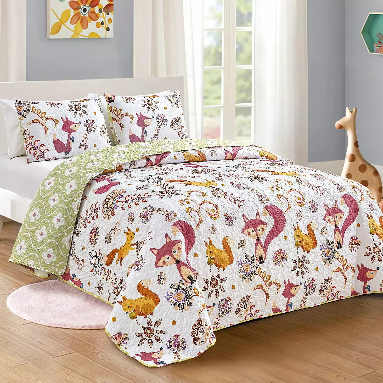 Mocaletto Luxury 3 Piece Queen Size Quilts. Elegant&Reversible Quilt Set Bedding Set with Pillow Shams. Cartoon Fox Animal Bedspread. Lightweight Microfiber Queen Size Coverlet