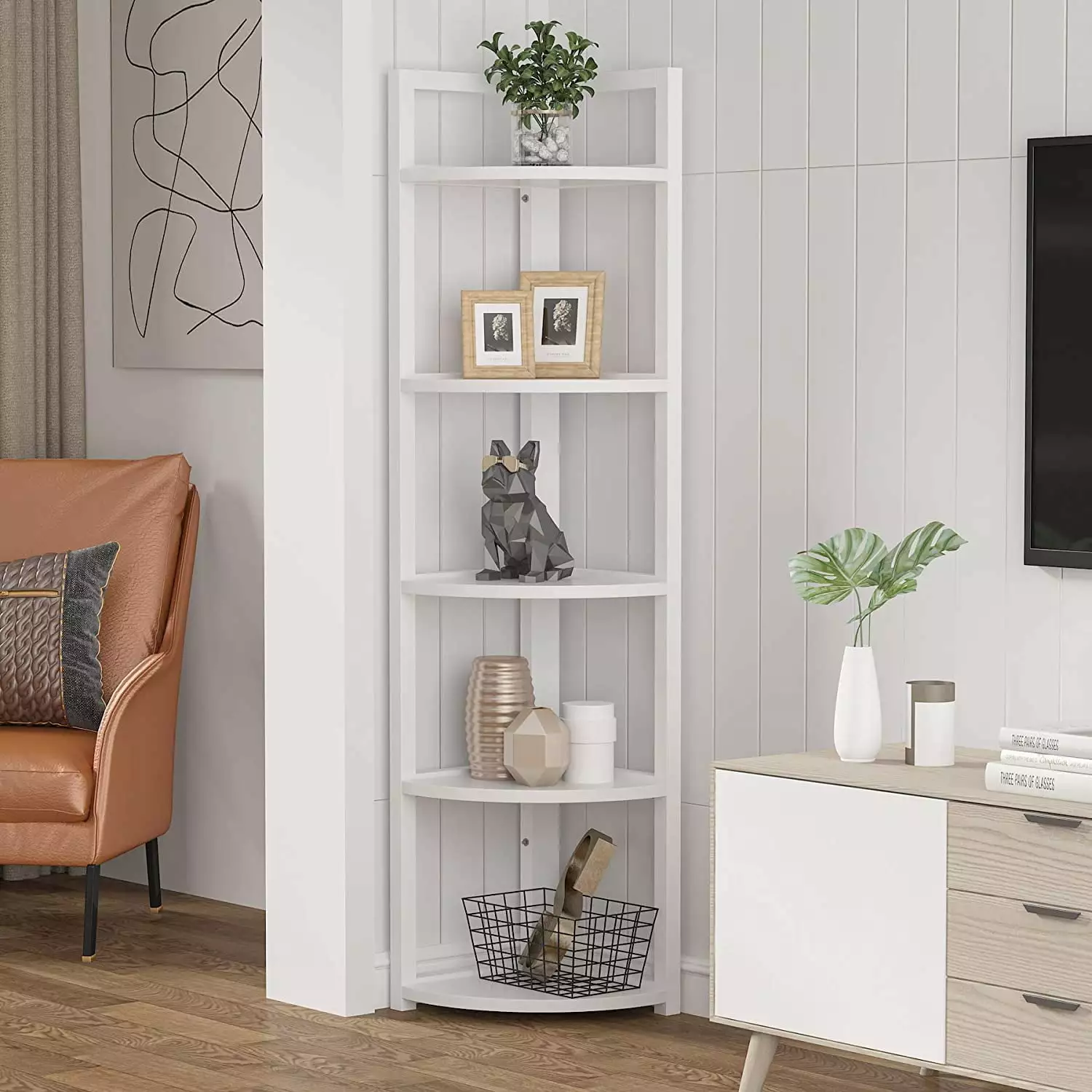 Modern 5 Tier Corner Shelf Stand. Corner Bookshelf Bookcase Plant Shelf for Living Room. Home Office. Kitchen. Small Space