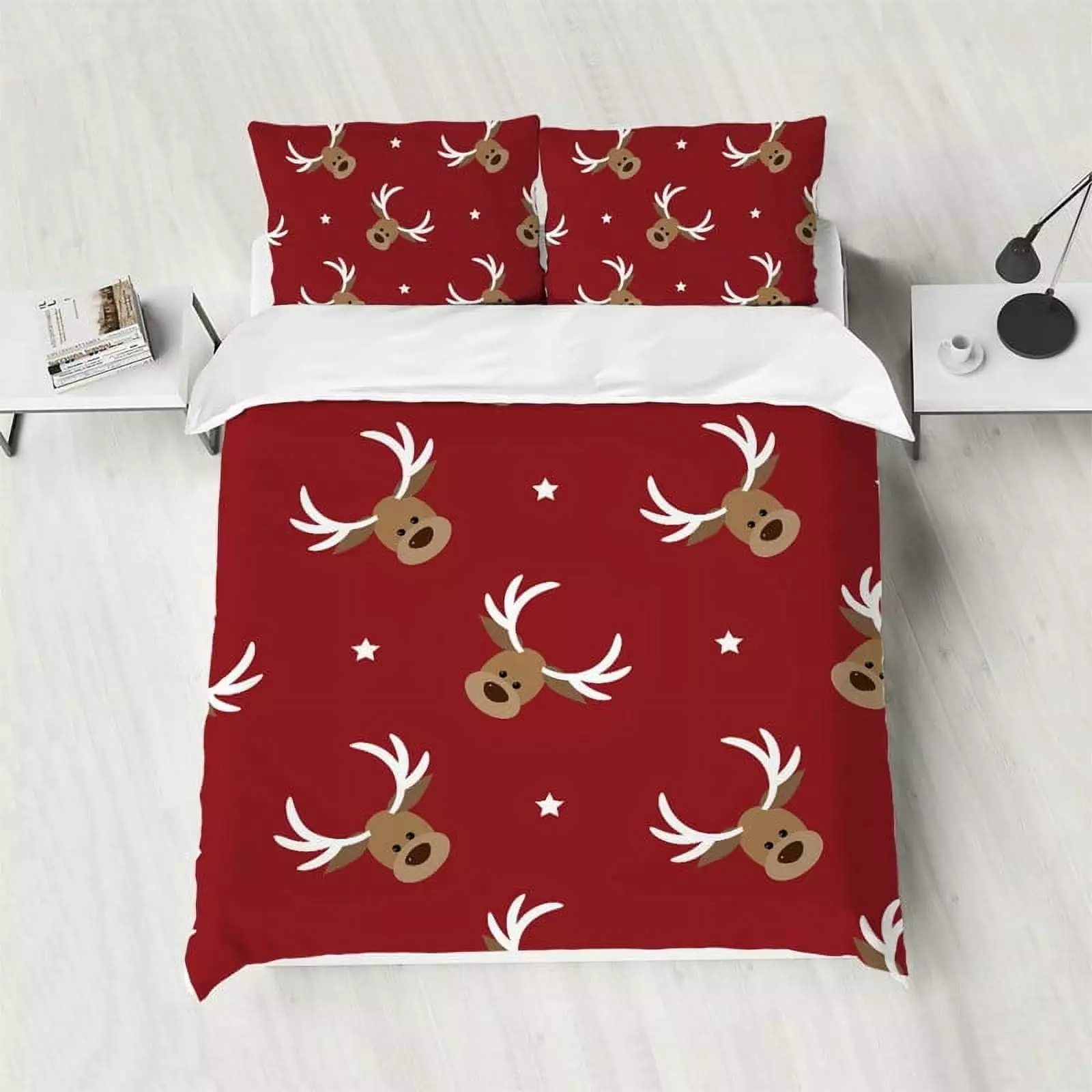 Modern Art Bedding Set. Red Elk Christmas Men's and Women's Bedroom Bedding Set with 1 Duvet Cover and 2 Pillow Cases