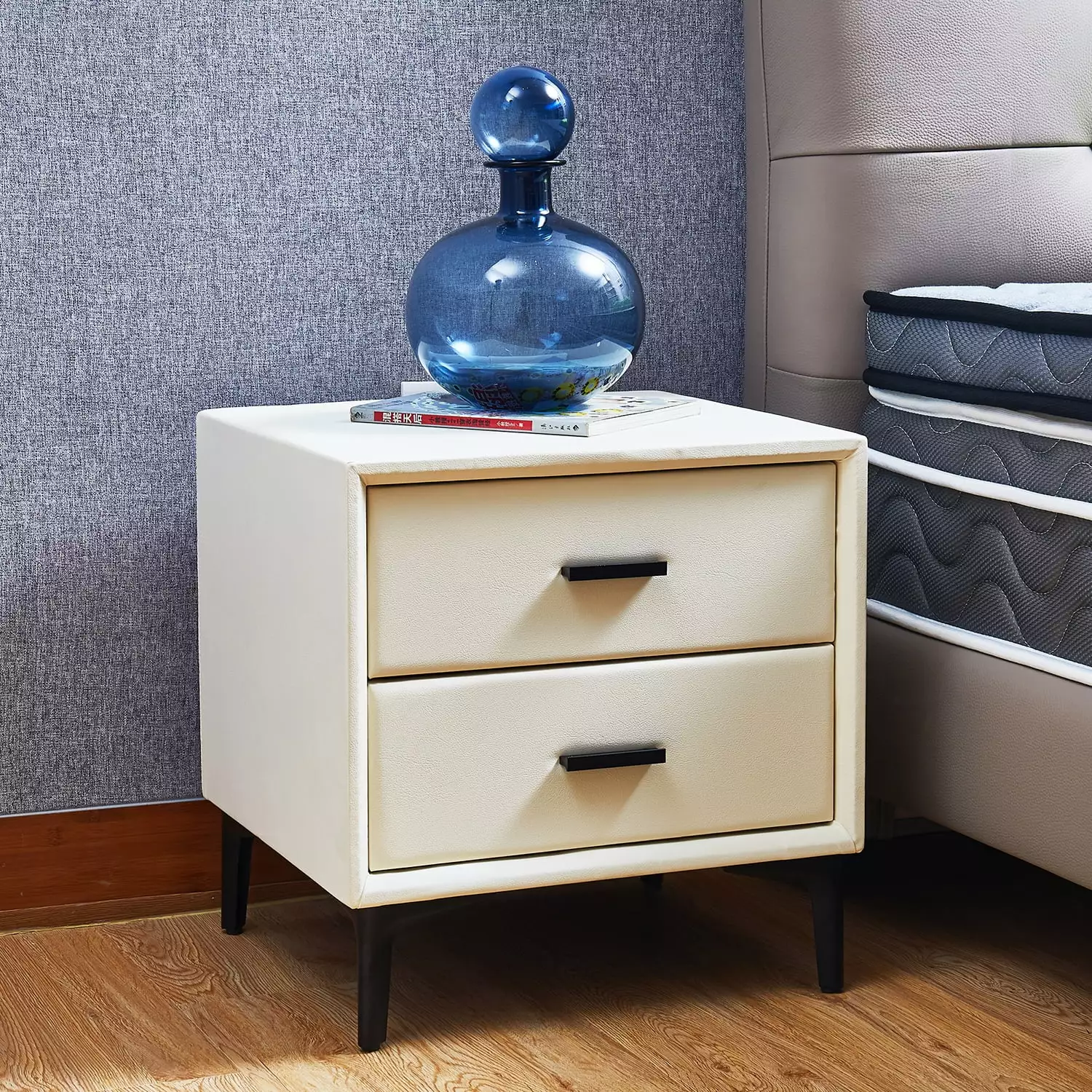 Modern Beige Nightstand with 2 Drawers. PU Leather Finish. and Stylish Hardware Legs - Versatile Bedside Cabinet for Bedroom and Living Room