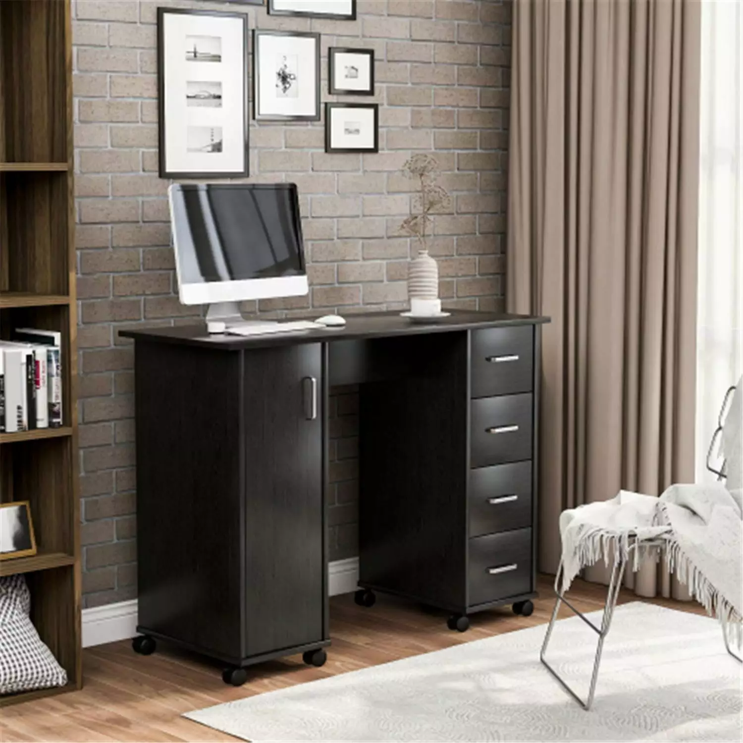 Modern Design Computer Desk. Study Writing Table for Home Office. Simple Style PC Desk with Drawers. Black