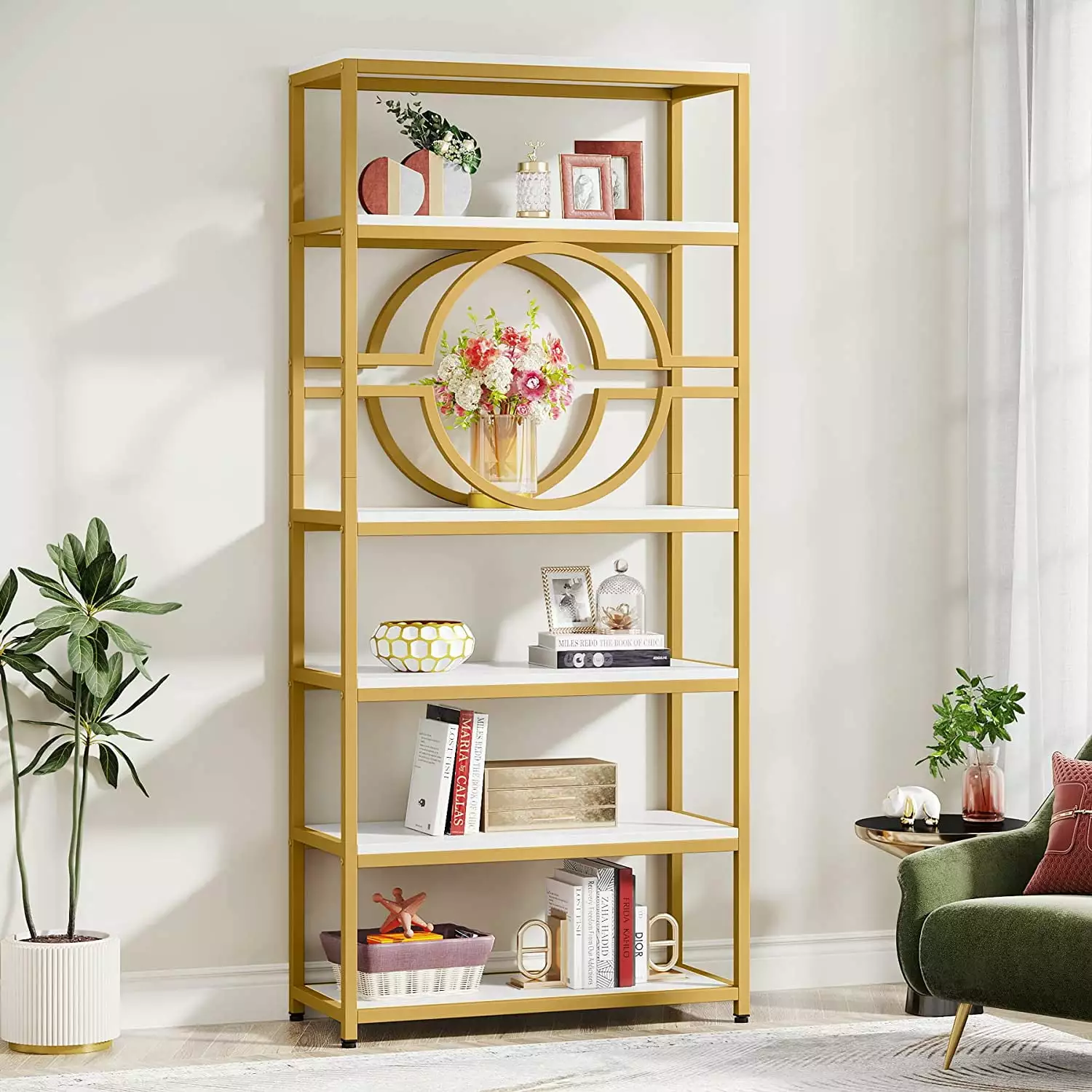 Modern Gold Bookshelf. 5-Tier Tall Bookcase for Home Office