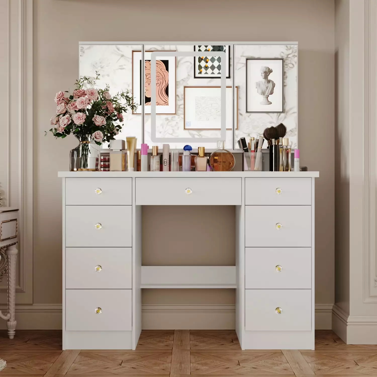 Modern Makeup Vanity Desk with Lighted Mirror. 3-Mirror Dressing Table With 9 Drawers for Bedroom