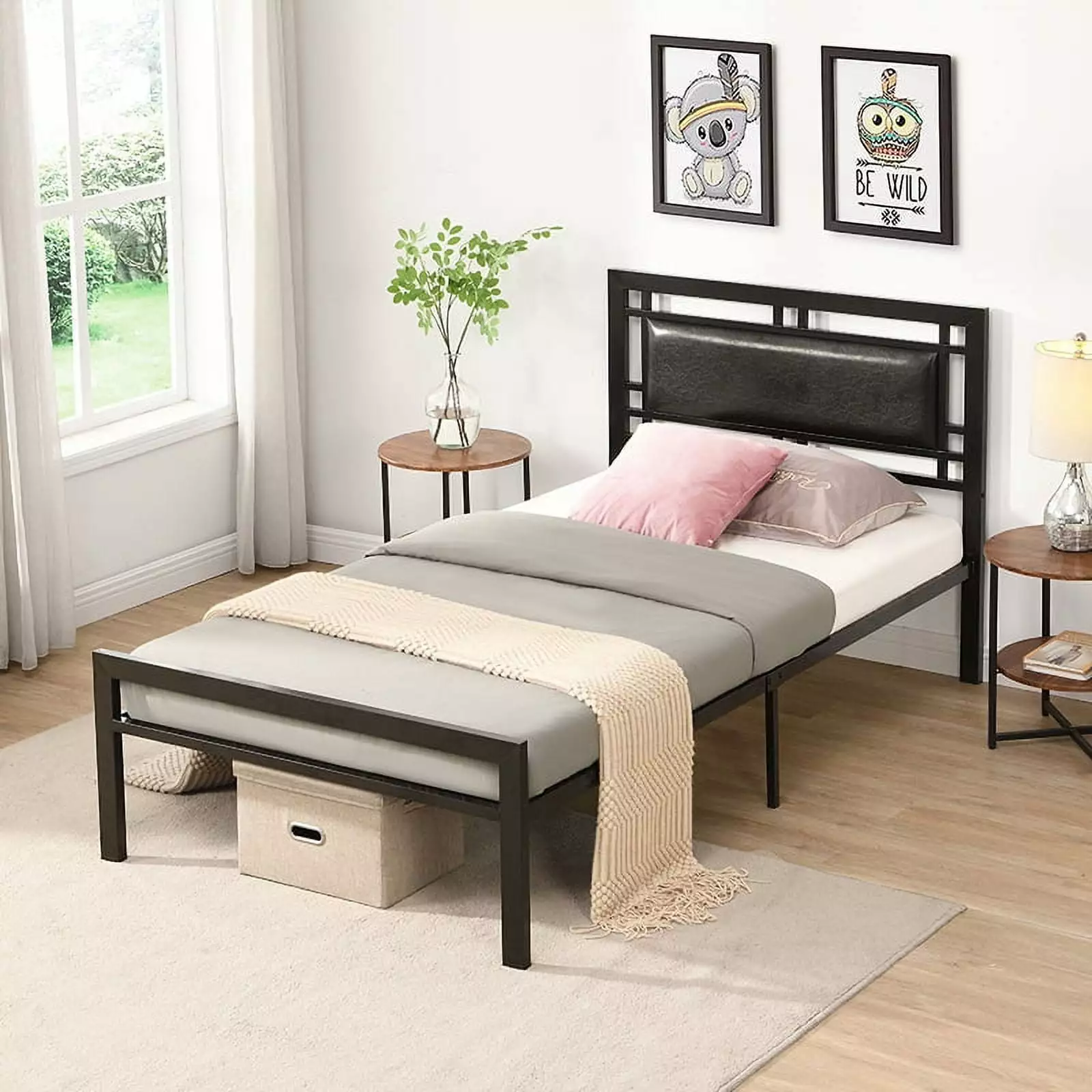 Modern Metal Bed Frame with Headboard and Footboard. Heavy Duty Platform No-Slip Mattress Foundation with Strong Metal Slats Support. Sturdy System Metal Bed Frame. Twin. black