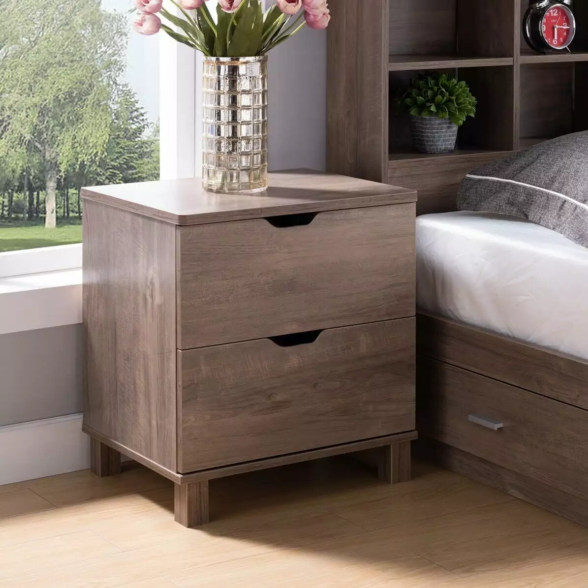 Modern Neutral Two Drawer Nightstand- Hazelnut