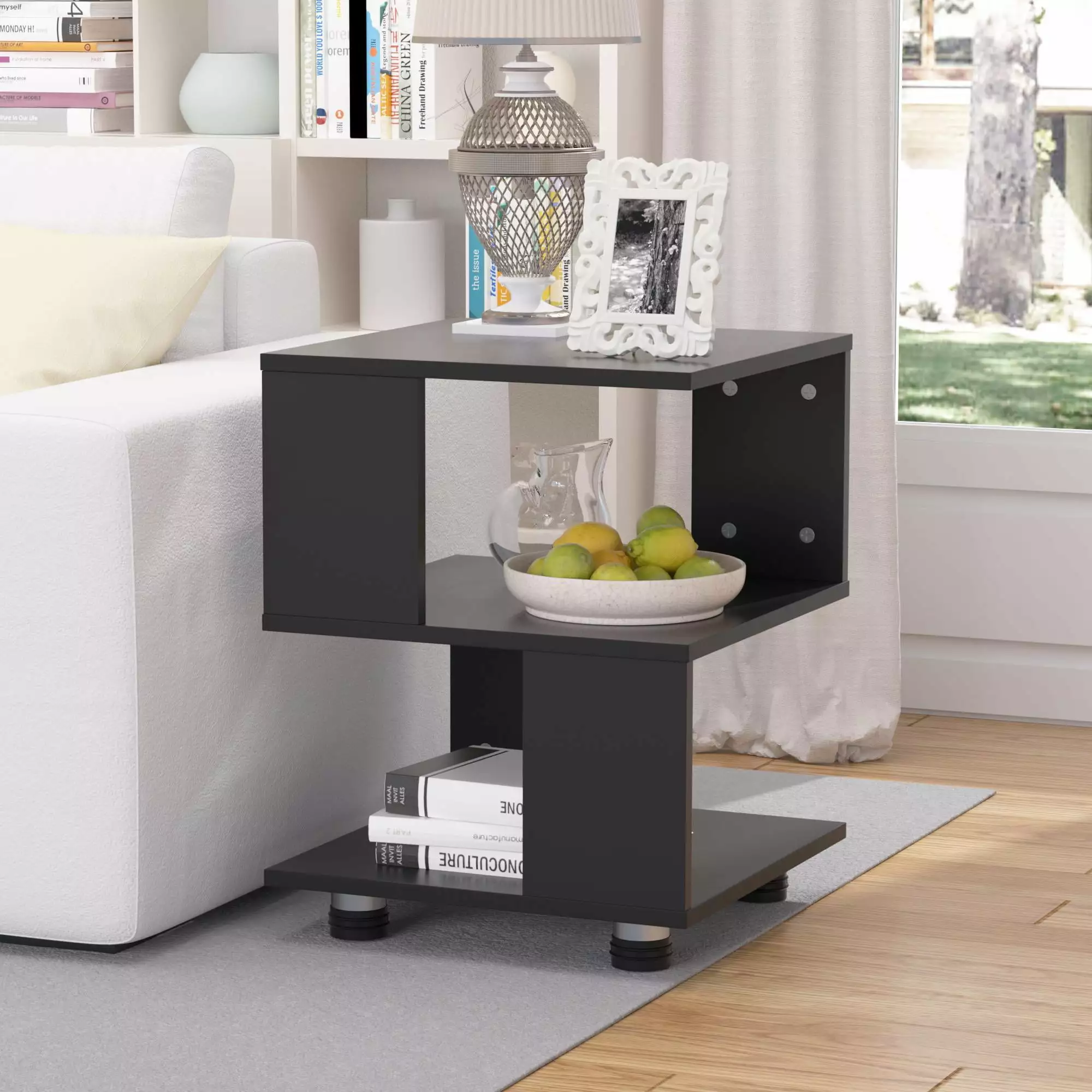 Modern Sturdy Nightstand End Table Two-Tier Open Shelves for Homes Small Spaces Set of 2 Black