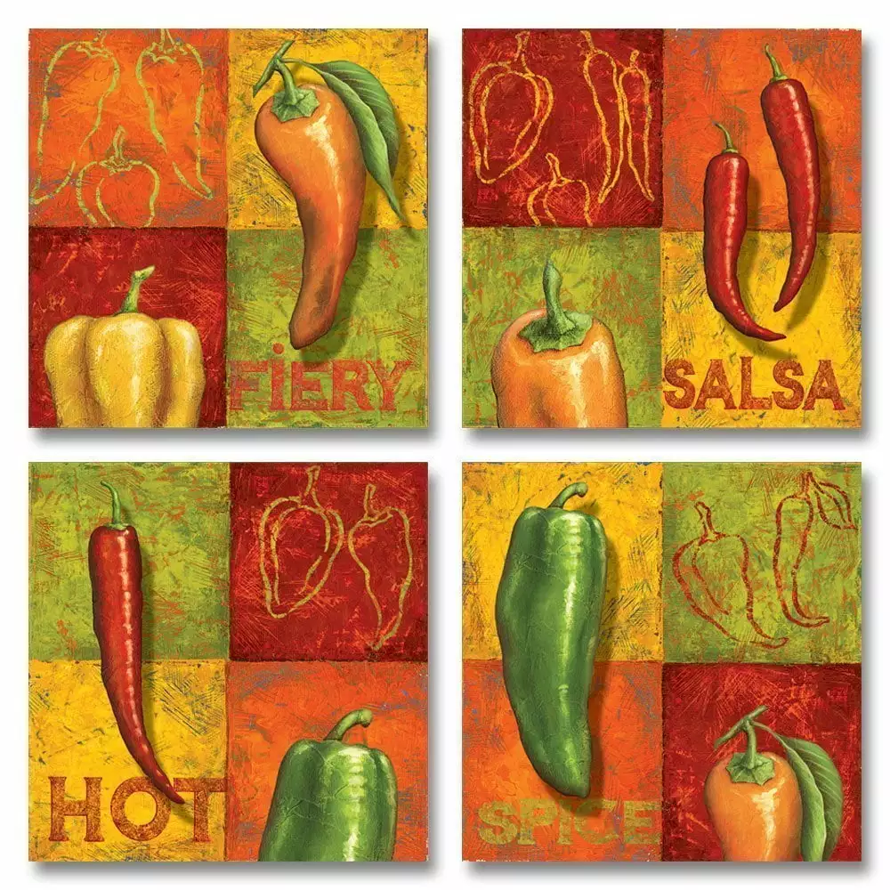 Modern Red and Orange Chili Pepper Adult Kitchen Decor; 4 - 8 x 8 Unframed Prints