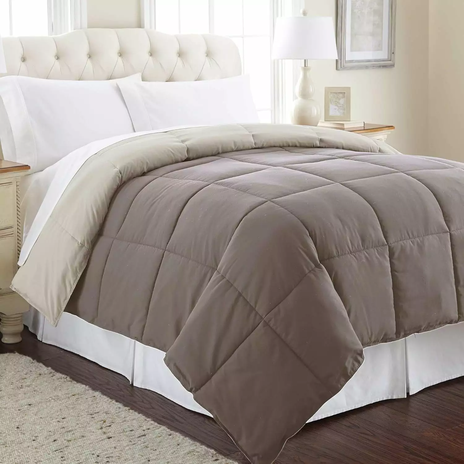 Modern Threads Down Alternative Microfiber Quilted Reversible Comforter & Duvet Insert - Soft. Comfortable Alternative to Goose Down - Bedding for All Seasons Stone/Champagne Twin Twin Stone/Champagne