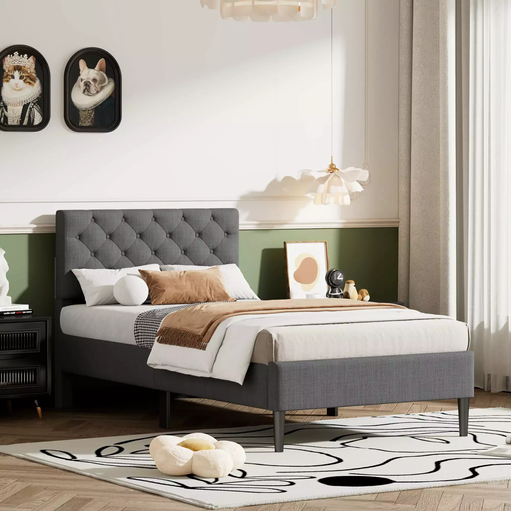 Modern Upholstered Platform Twin Bed Frame. Heavy Duty Twin Bed Frame with Headboard. Gray Twin Bed Frame with Wood Slat Support. Mattress Foundation for Adults Kids. No Box Spring Needed. Q10586