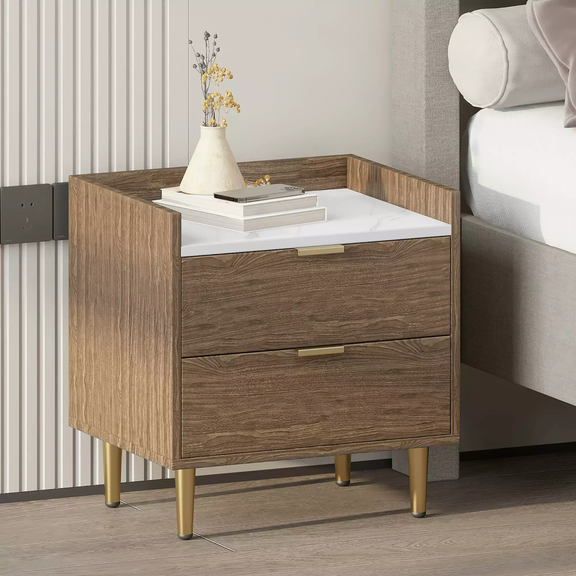 Modern Walnut Wooden Nightstand with 2 Drawers and Marbling Worktop - Stylish Bedside Table with Metal Legs and Handles. Elegant and Durable Design