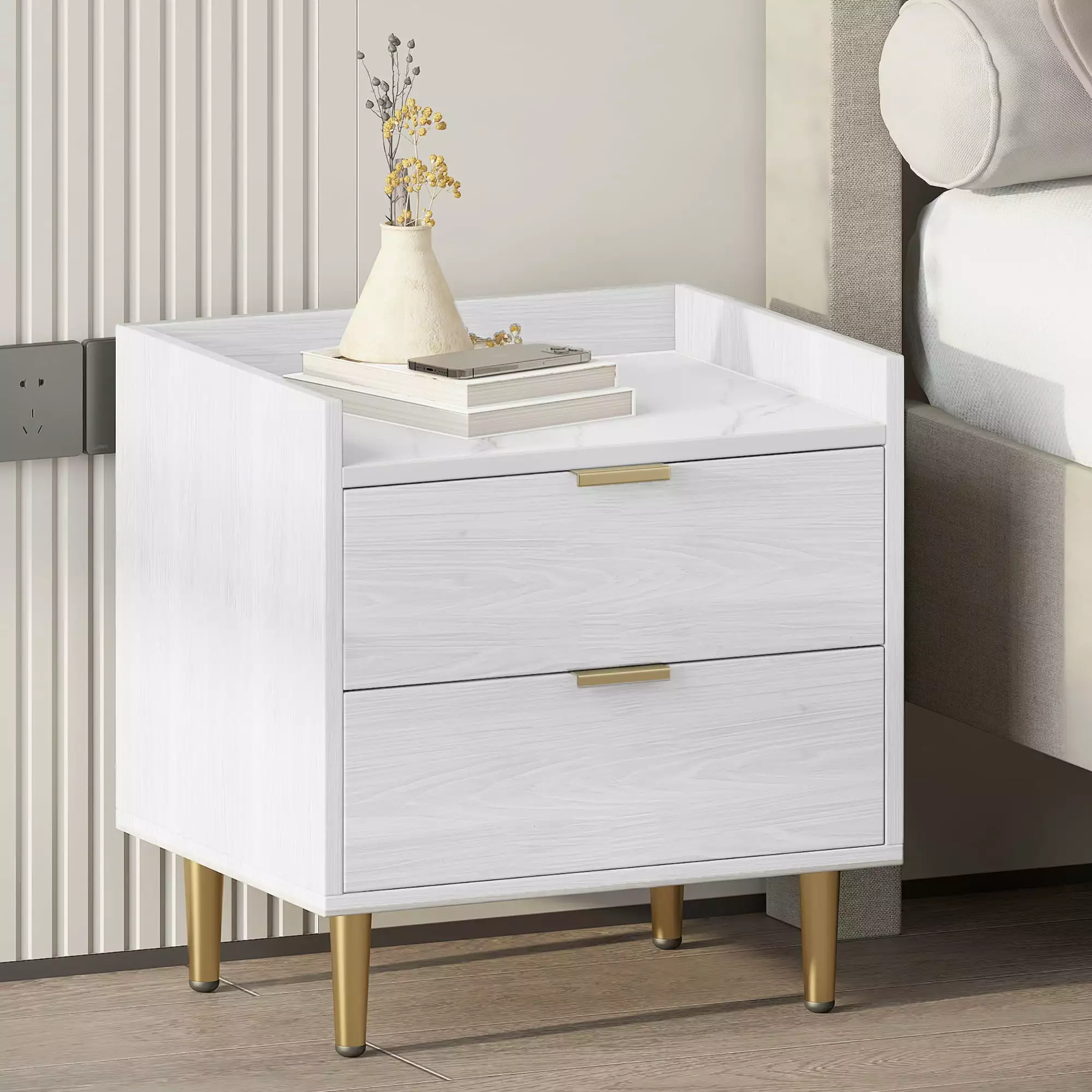 Modern White Wooden Nightstand with 2 Drawers and Marbling Worktop - Elegant Bedside Table with Metal Legs and Handles. Durable and Stylish Design