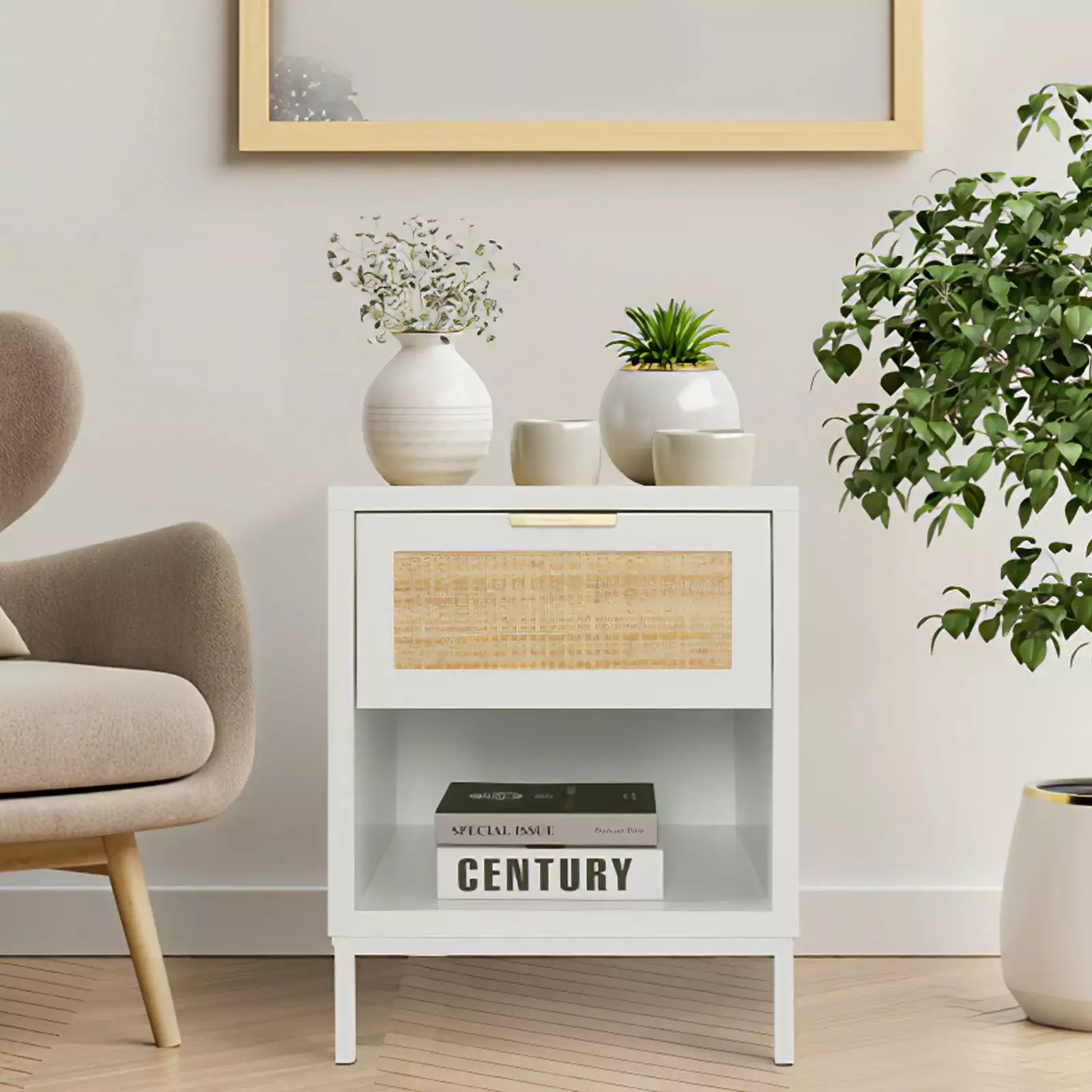 Modern Wood Nightstand with Natural Rattan Drawer. Mid-Century Side Table. White /Gold Bedside End Table Storage Drawer and Shelf for Bedroom Living Room.H0052