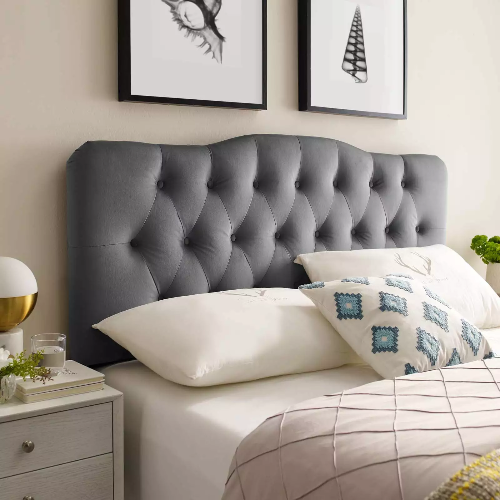 Modway Annabel King Diamond Tufted Performance Velvet Headboard in Gray