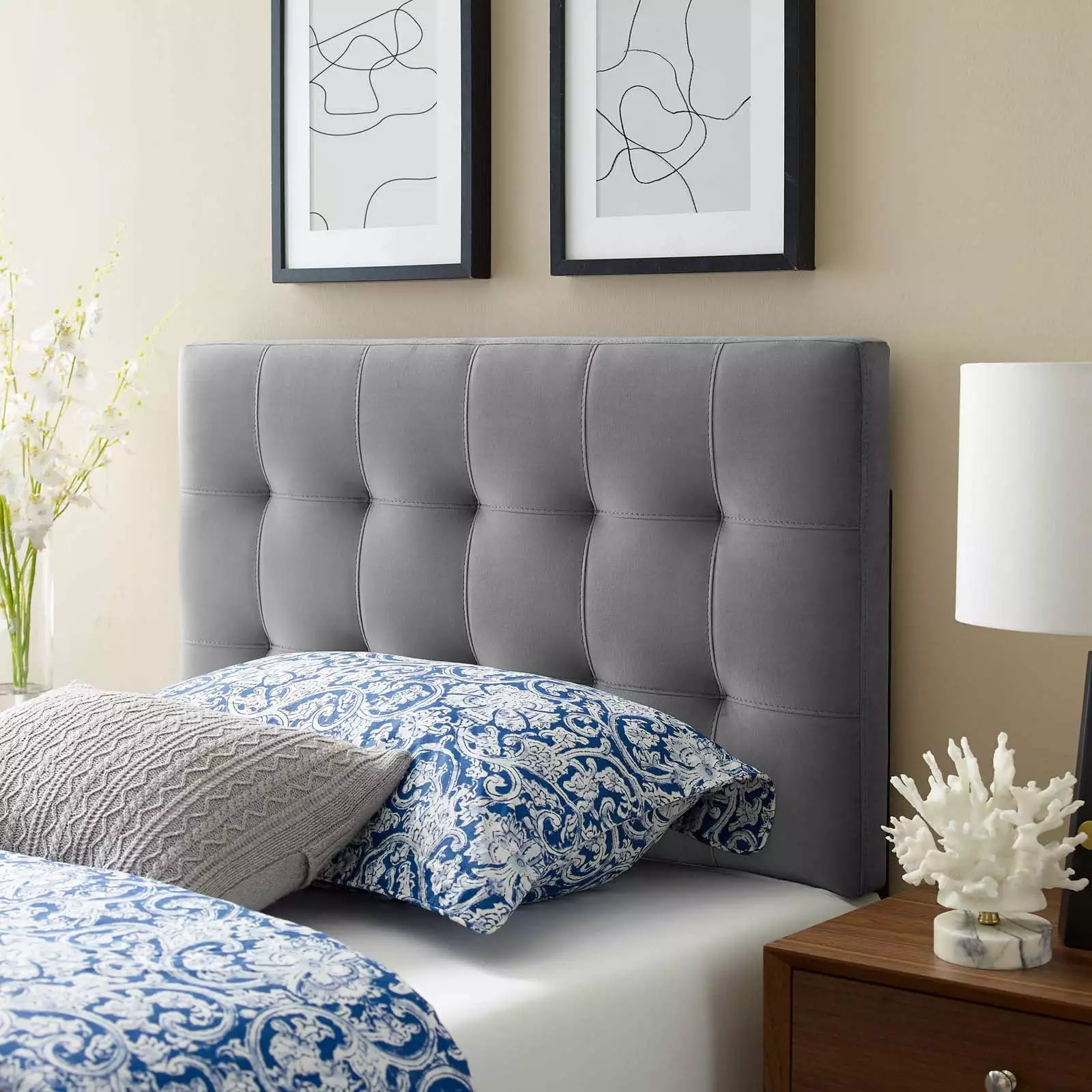 Modway Lily Biscuit Tufted Twin Performance Velvet Headboard in Gray