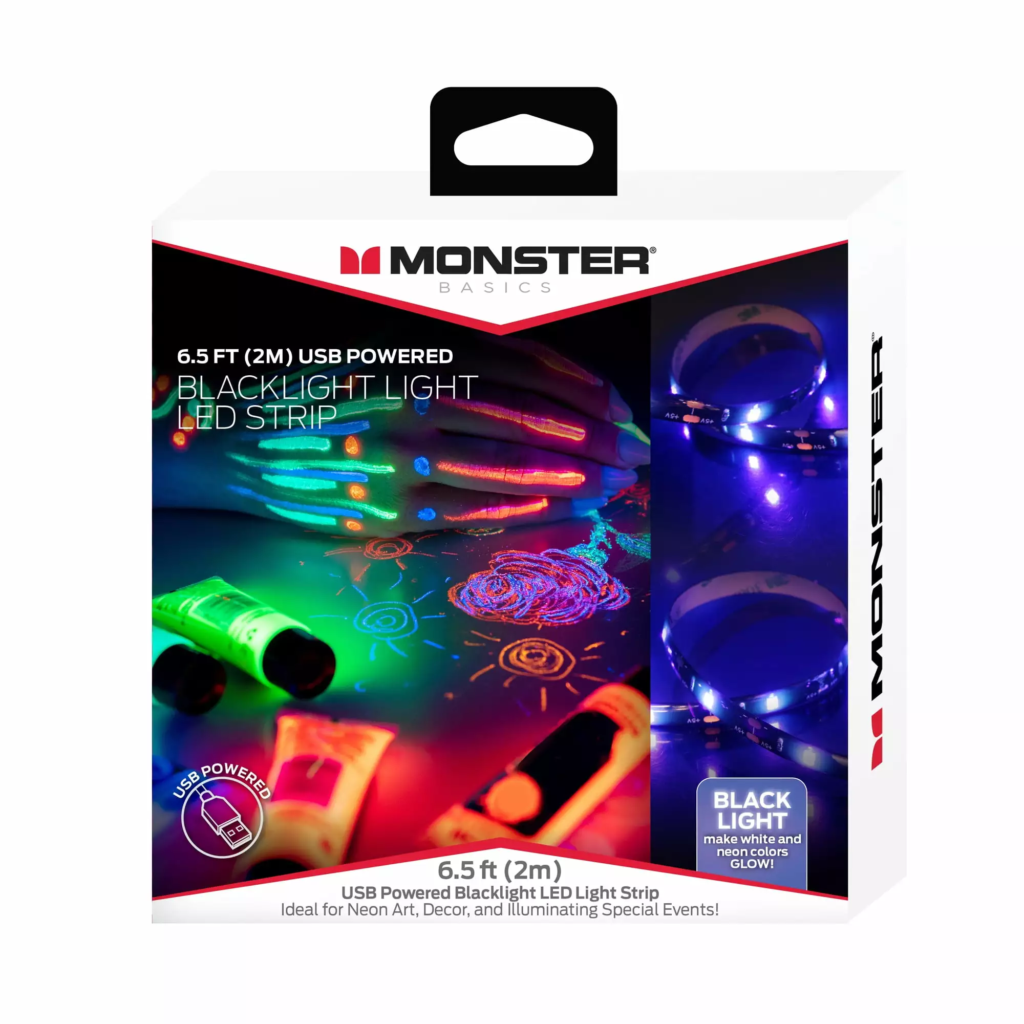 Monster Basics 6.5ft LED Black Light Strip. USB-Powered. Easy DIY Installation