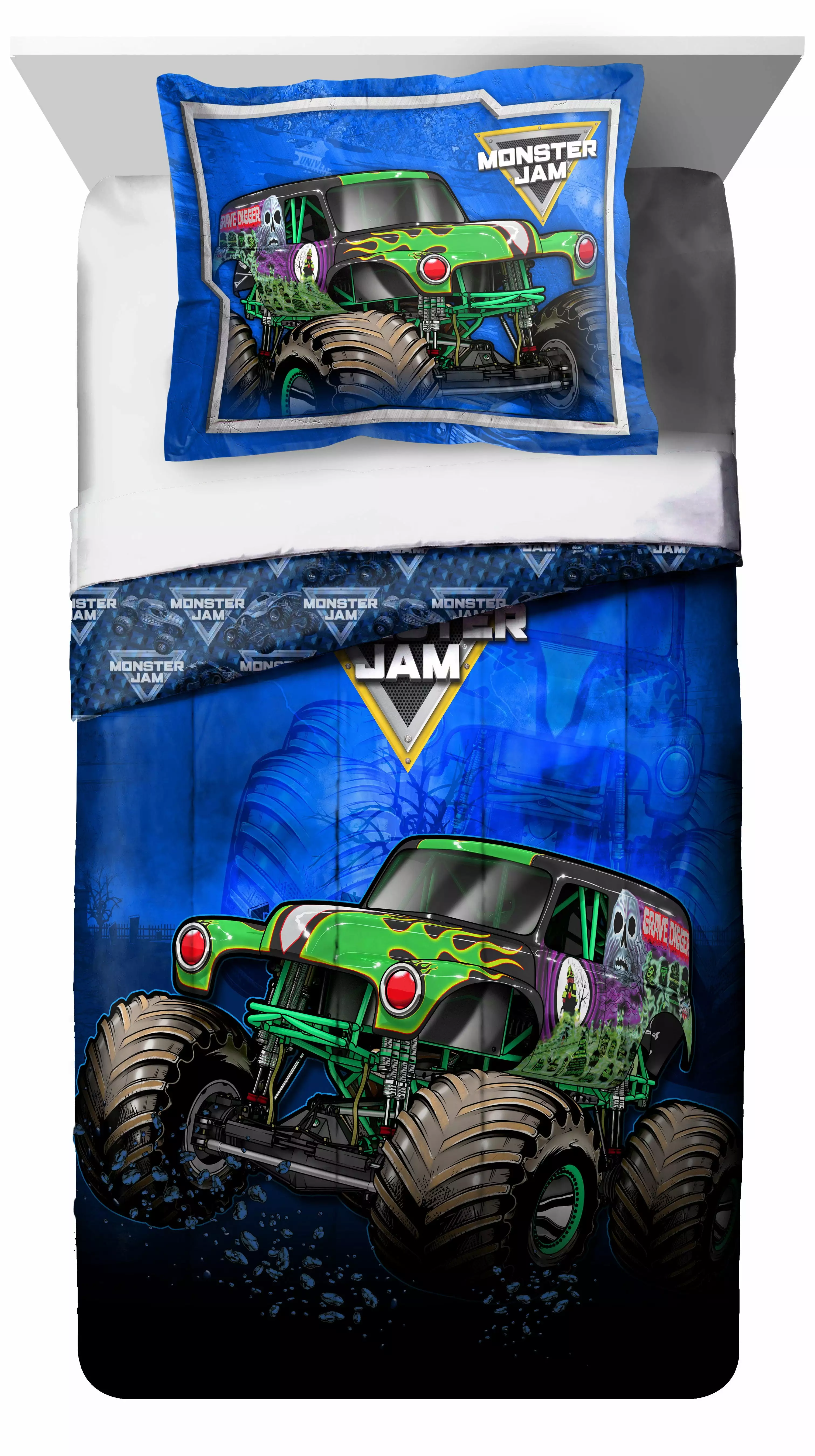 Monster Jam Kids 2-Piece Twin/Full Reversible Comforter and Sham Bedding Set. Microfiber. Blue