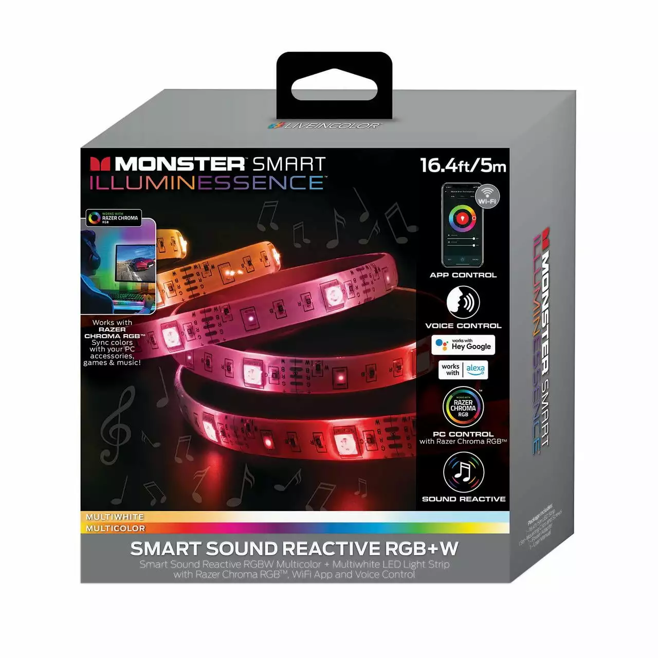 Monster LED 16.4ft Smart Sound Reactive Multi-Color Multi-White Light Strip with Indoor use Mobile App Control