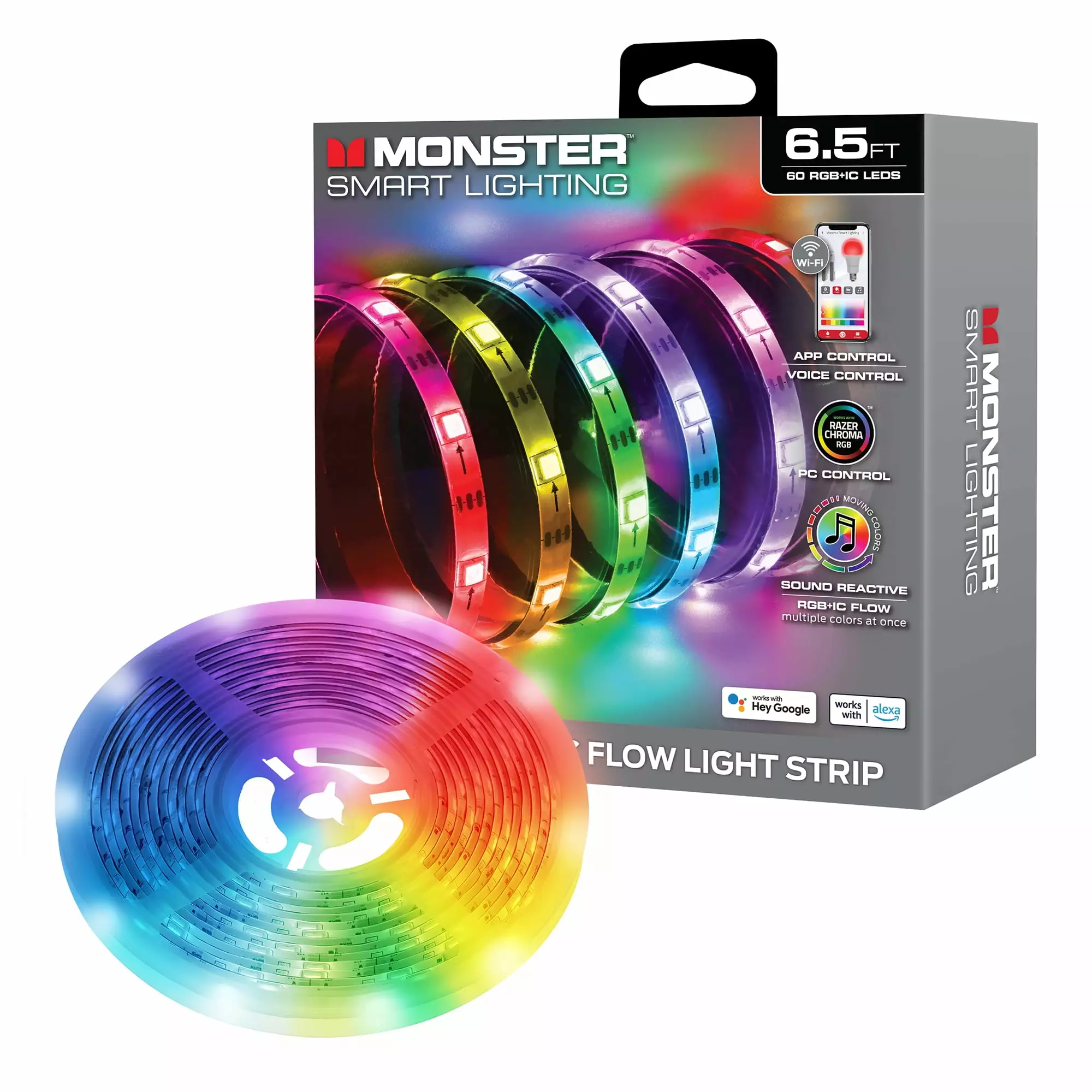 Monster LED Smart 6.5ft Sound Reactive Indoor Multi-Color Light Strip. Razer Chroma. Corded Electric