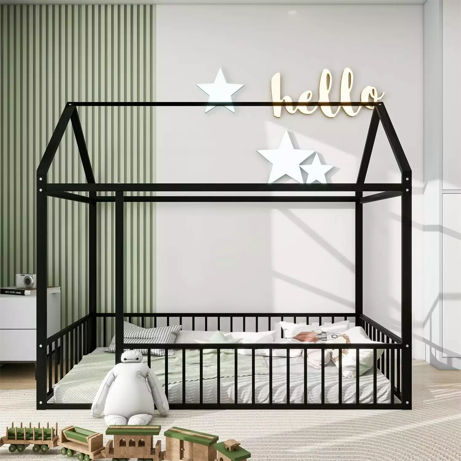 Montessori Kids Toddler Floor Bed Twin Size Metal Bed Frame. Twin Floor House Bed with Fence Guardrail for Boys Girls. No Box Spring Needed. Black