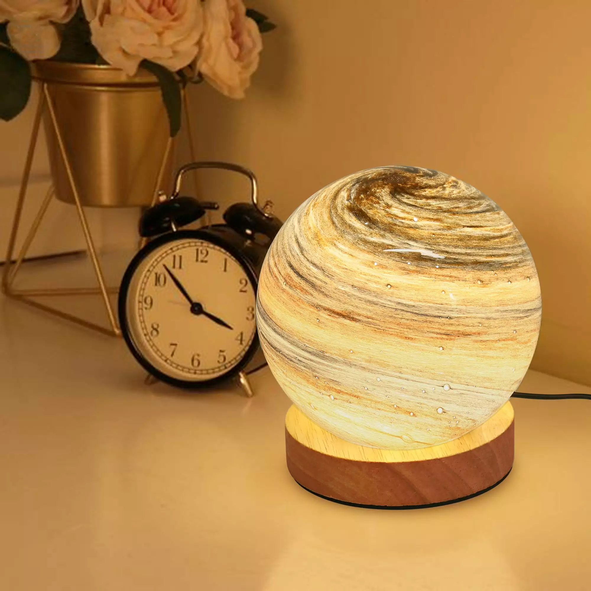 Moon Lamp. 4.7 inches LED Galaxy Saturn Night Light with Wood Stand 3 Colors Dimmable 3D Kids Glass Planet Lamp for Bedroom Home Decor Birthday