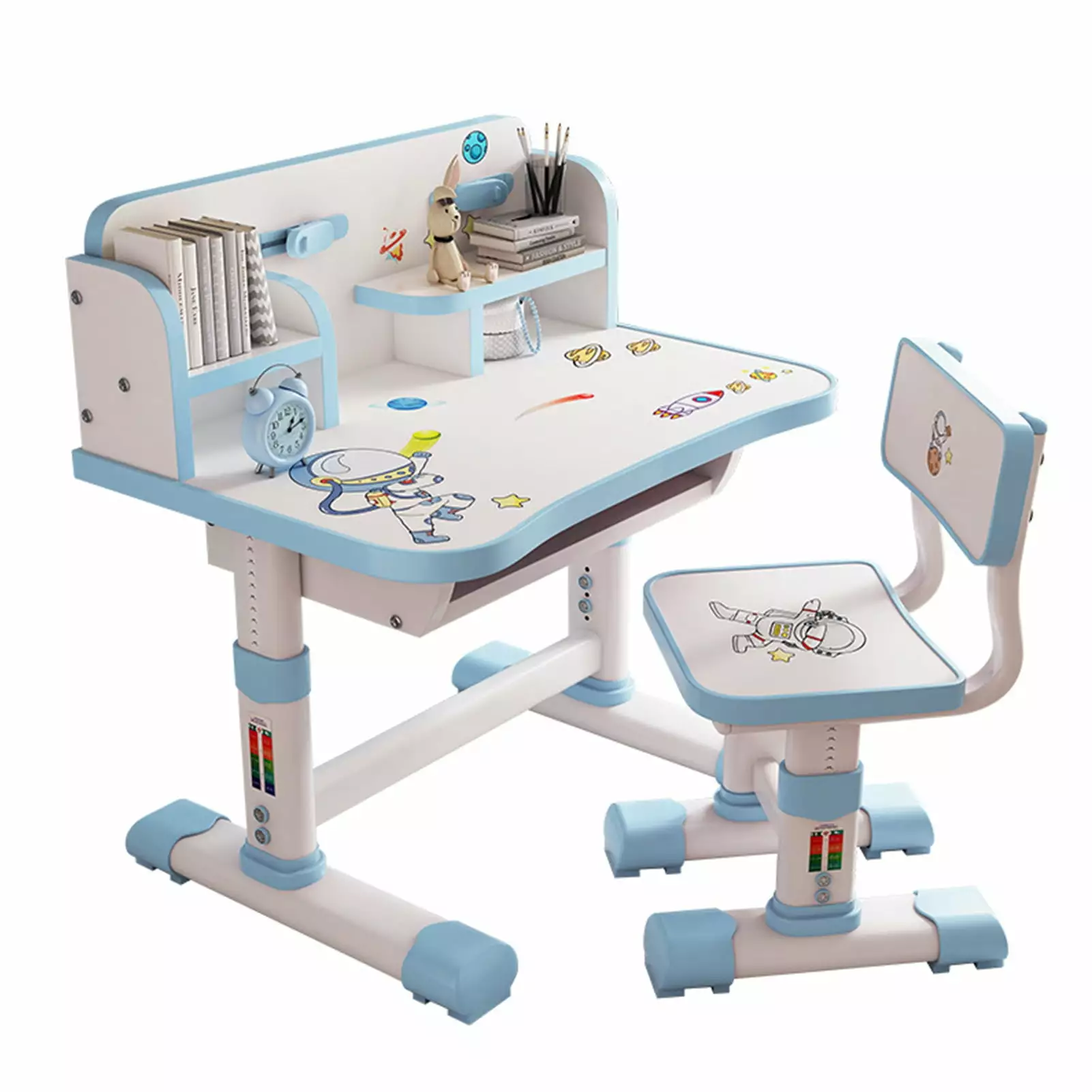 Moxufan Kids Functional Desk and Chair Set.Height Adjustable Children School Study Set with Cartoon Pattern.Ergonomic Desk Chair with Large Writing Board.Bookshelf and Book Bucket