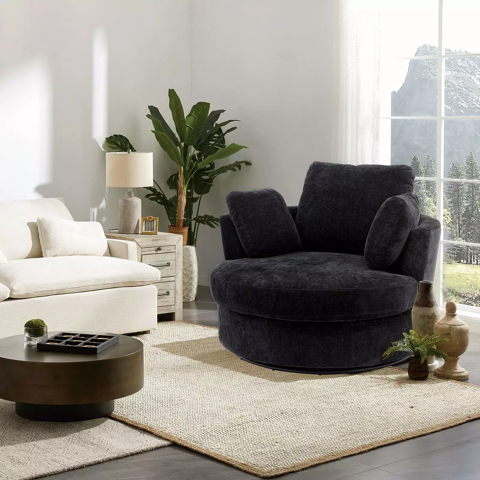 Muumblus 42.2W Chenille Swivel Chair. Modern Oversize Armchair Comfy Club Chair Sherpa Chir for Bedroom Living Room. Black