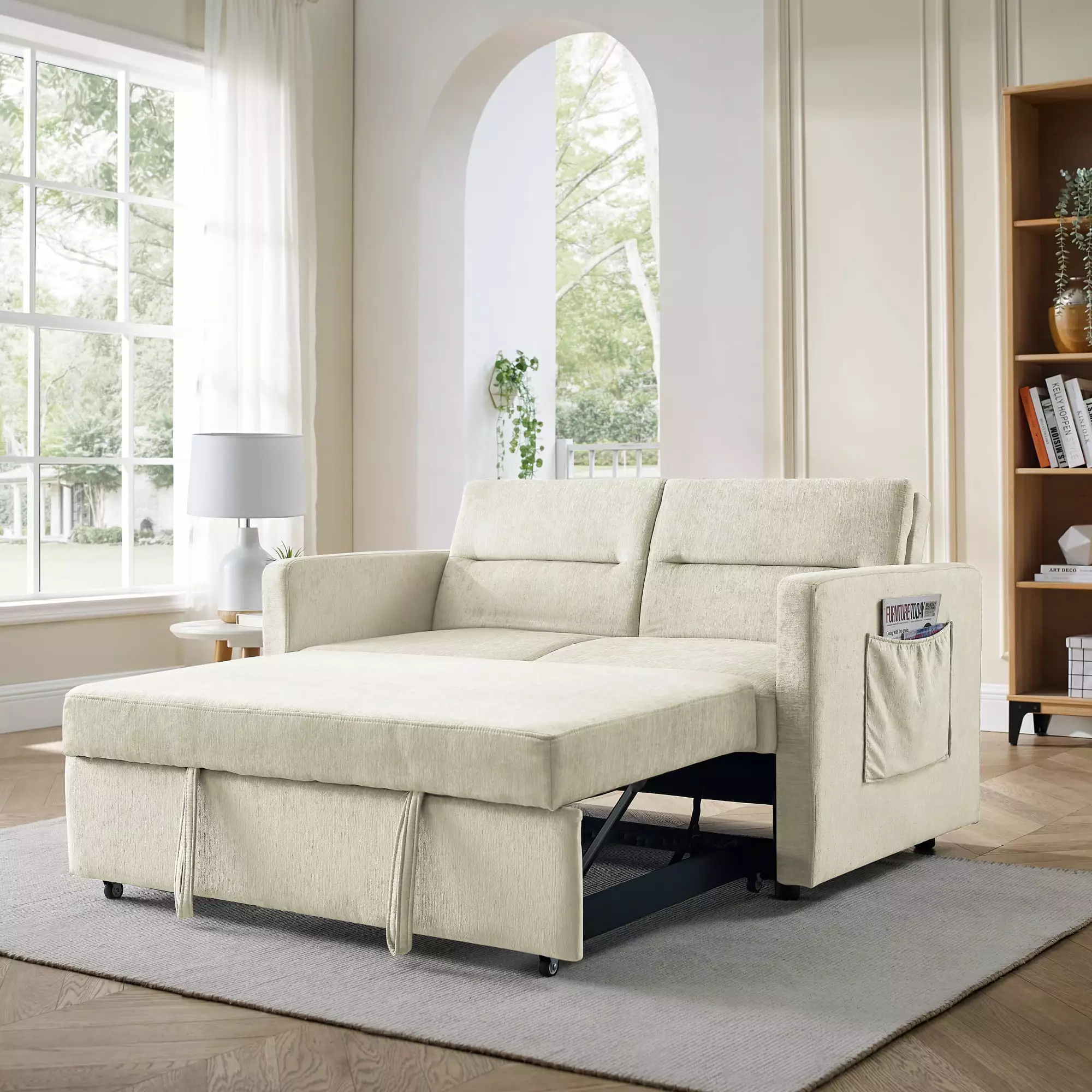 Muumblus 54.5 Pull Out Sofa Bed. Convertible Futon Sofa Bed with Pull Out Bed. Loveseat Sleeper Sofa for Living Room. Adjustable Back. Beige Velvet Couch