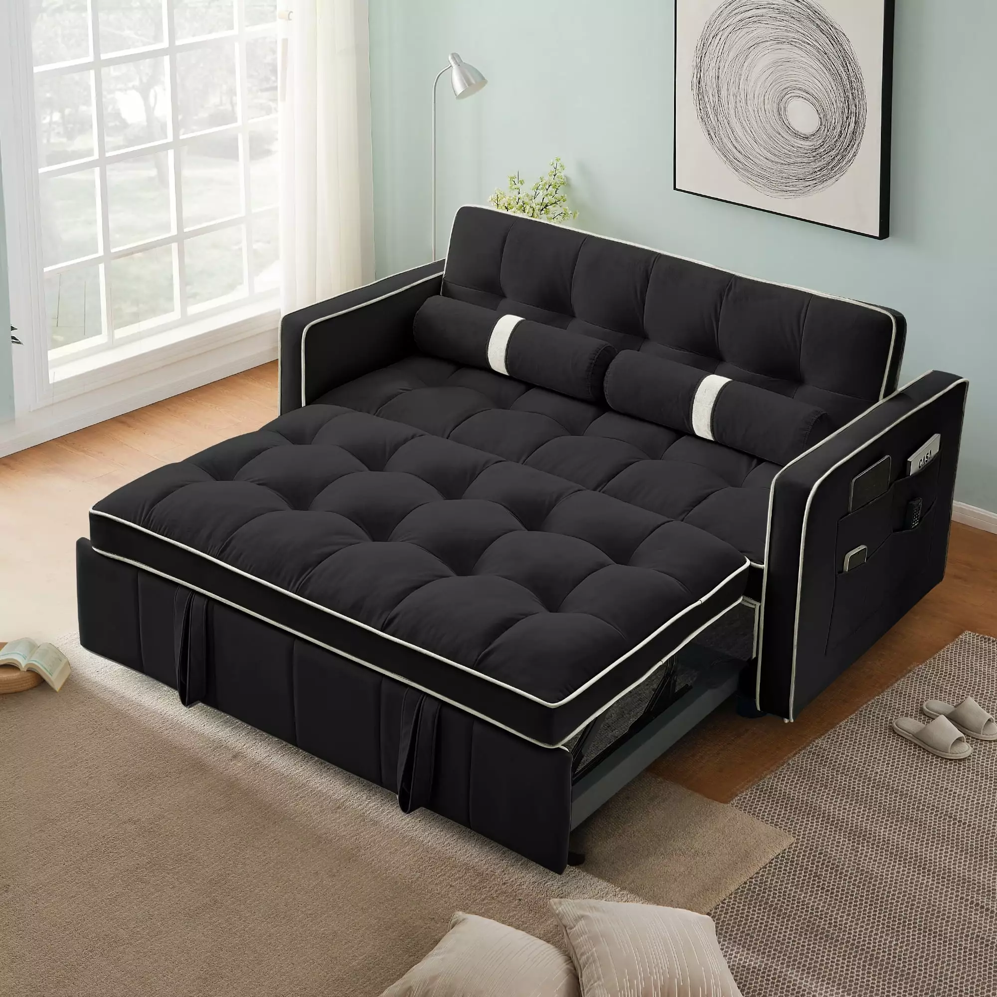 Muumblus 55.5 Pull Out Sofa Bed 2 Seater Loveseats Sleeper Convertible Futon Sofa Bed with Adjsutable Backrest. Modern Velvet Sofa Couch for Living Room. Black