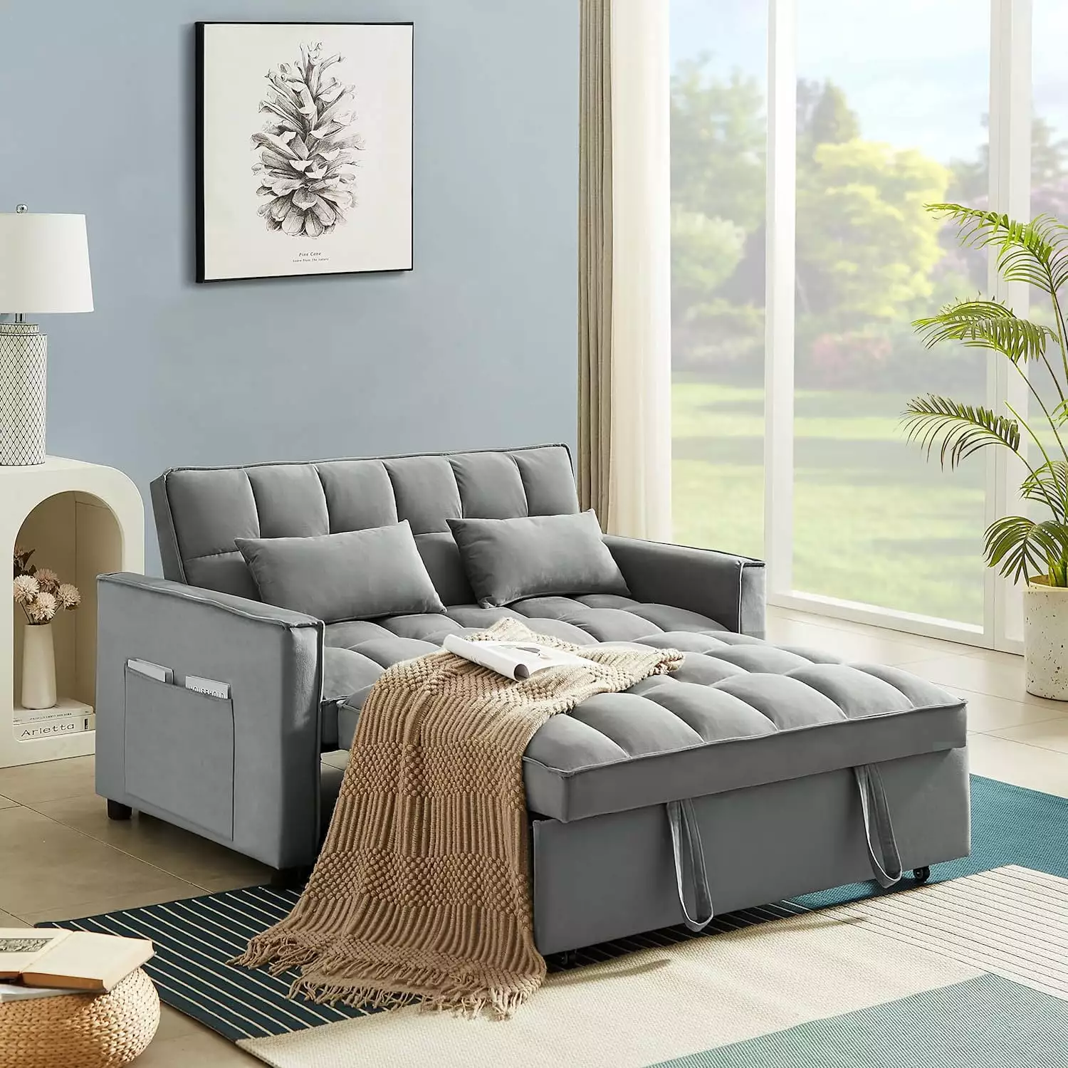 Muumblus 55 Pull Out Sofa Bed. Convertible Sleeper Loveseat with Adjsutable Backrest. Modern Velvet Futon Sofa Bed for apartment. Grey