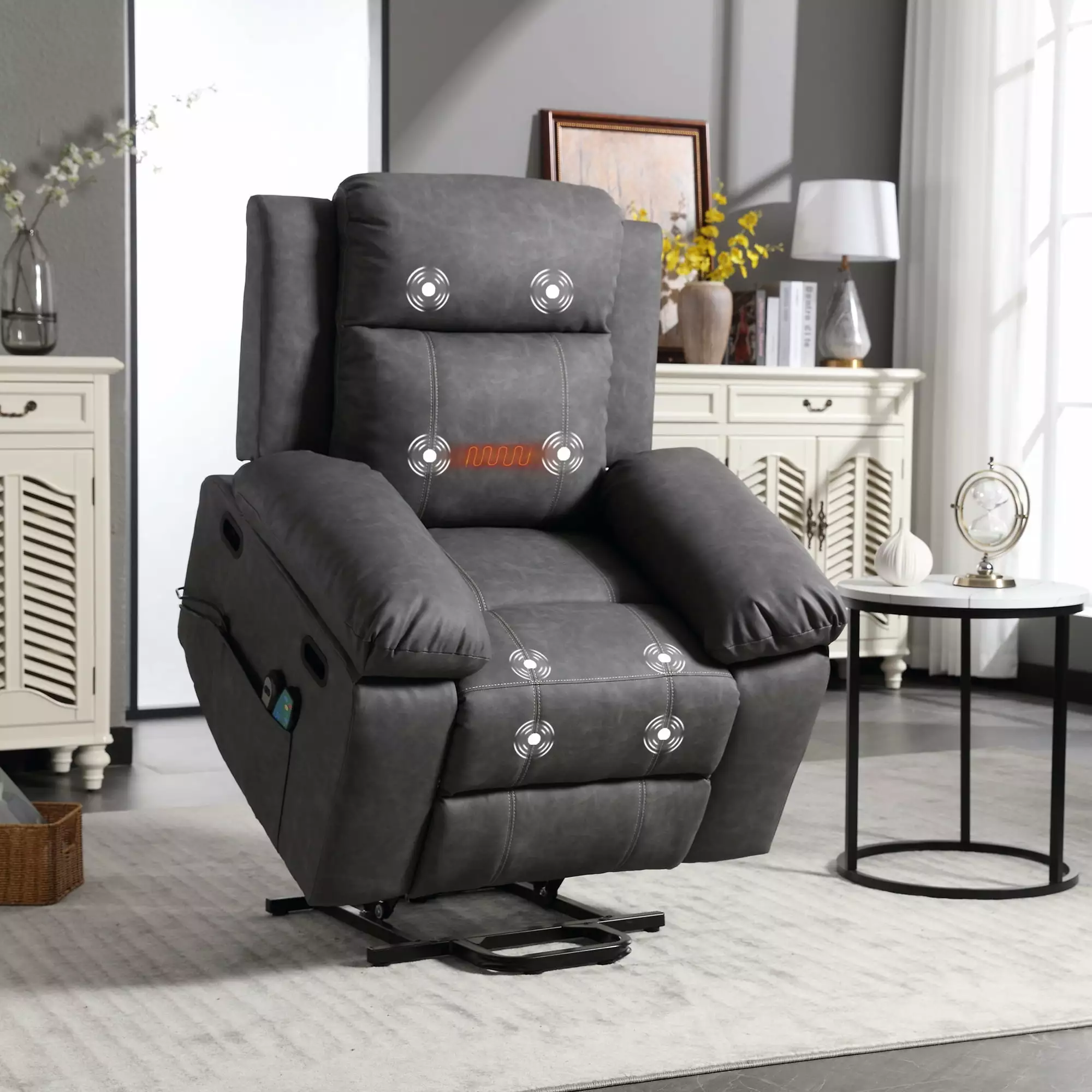 Muumblus Power Lift Recliner Chair Electric Recliners for Elderly. Heat and Massage. PU Leather Sofa Chair for Living Room Bedroom. Gray