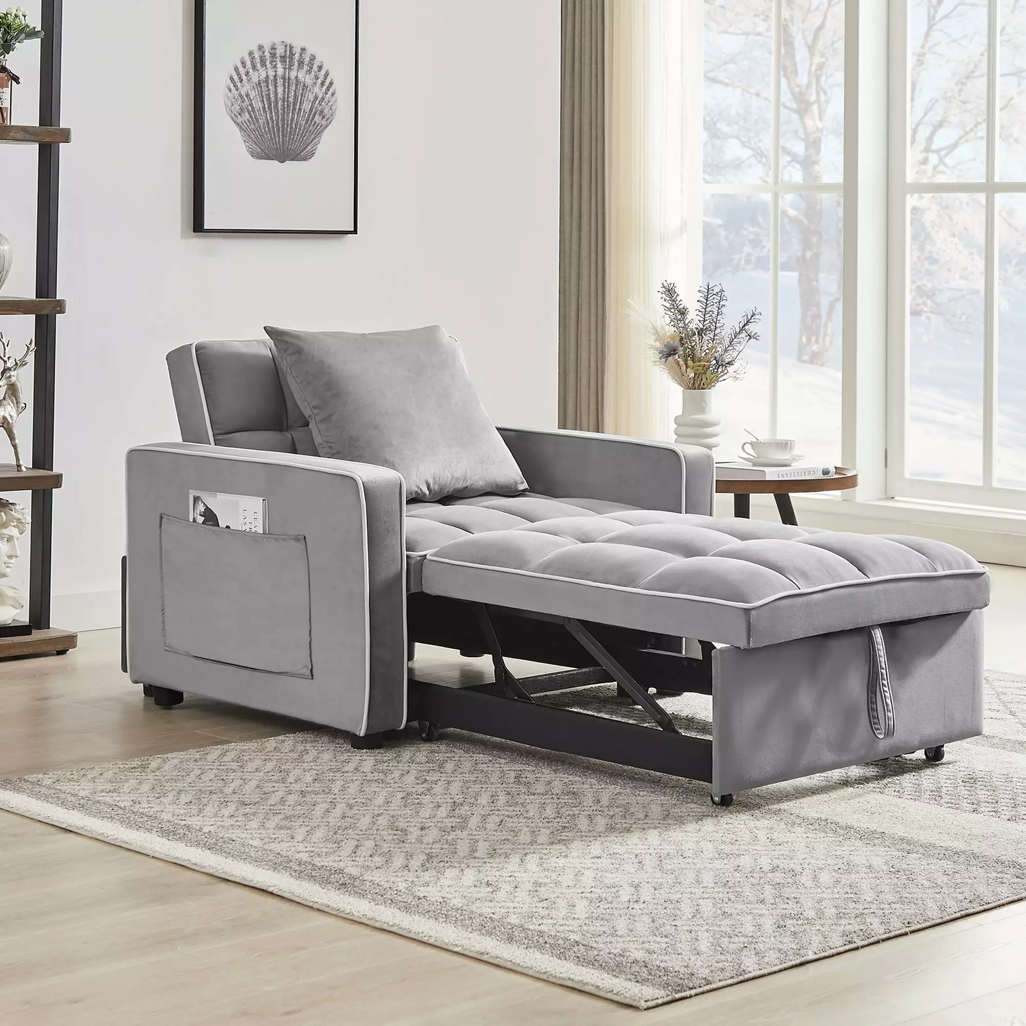 Muumblus Sleeper Sofa Chair Bed. 3-in-1 Convertible Sofa Chair with Pull Out Bed. Modern Adult Velvet Pull Out Sofa Bed for Living Room Apartment Small Space. Gray