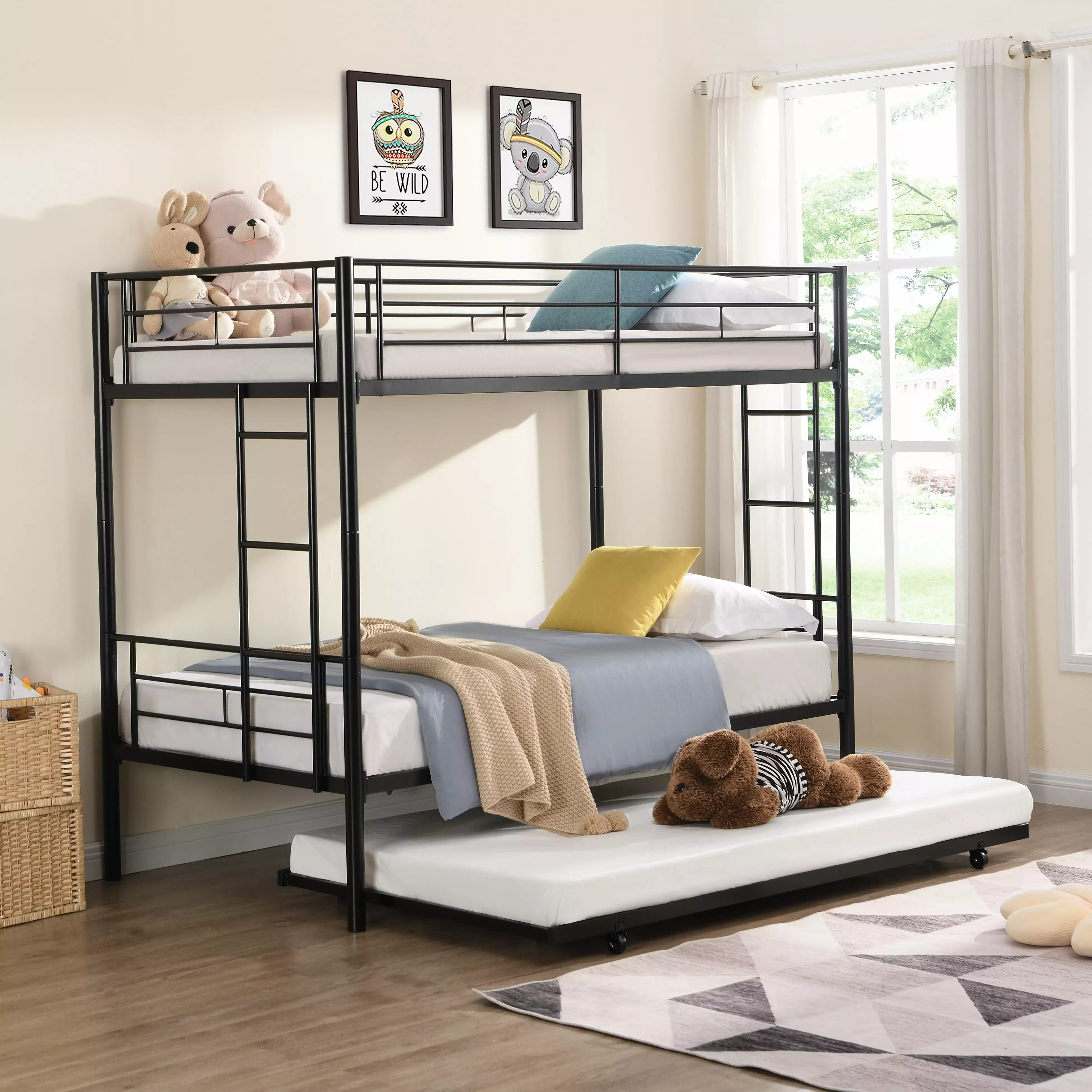 Muumblus Twin over Twin Bunk Bed with Trundle. Metal Bed Frame with Safety Guard Rail and Ladders. Space Saving Design Bedroom Bunk Bed for Kids and Adults. Black. M929