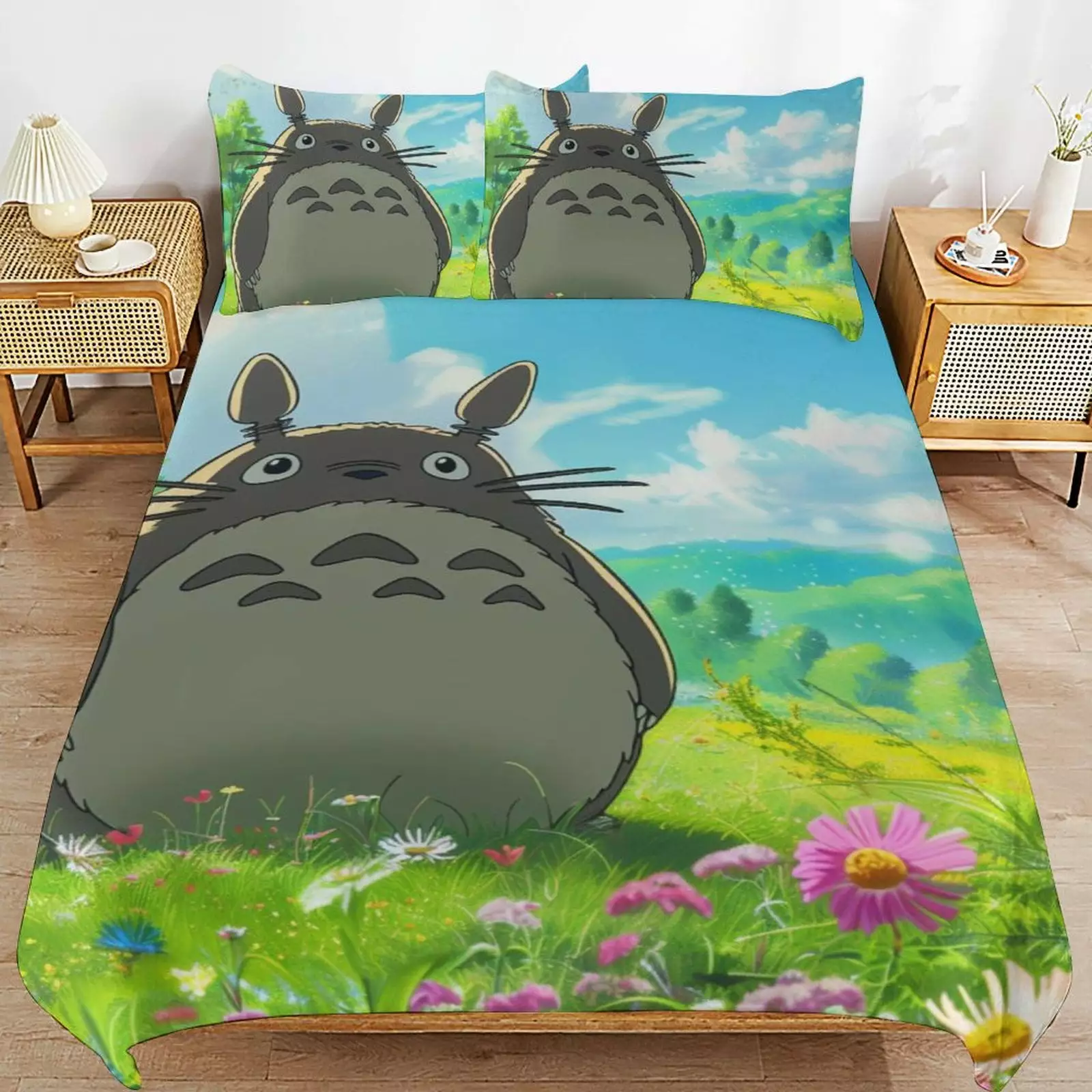 My Neighbor Totoro Bed Duvet Cover Microfiber Bedding Sets 3D Printed Lightweight 3 Piece Comforter Sets. 1 Duvet Cover And 2 Pillow Shams for Kids Boys Girls 86x70