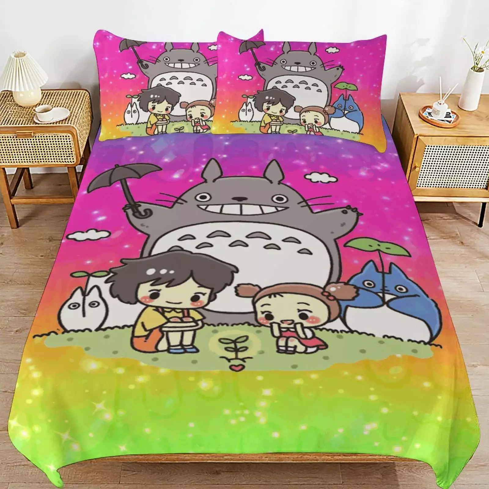 My Neighbor Totoro Bed Duvet Cover Microfiber Bedding Sets 3D Printed Lightweight 3 Piece Comforter Sets. 1 Duvet Cover And 2 Pillow Shams for Kids Boys Girls 86x70