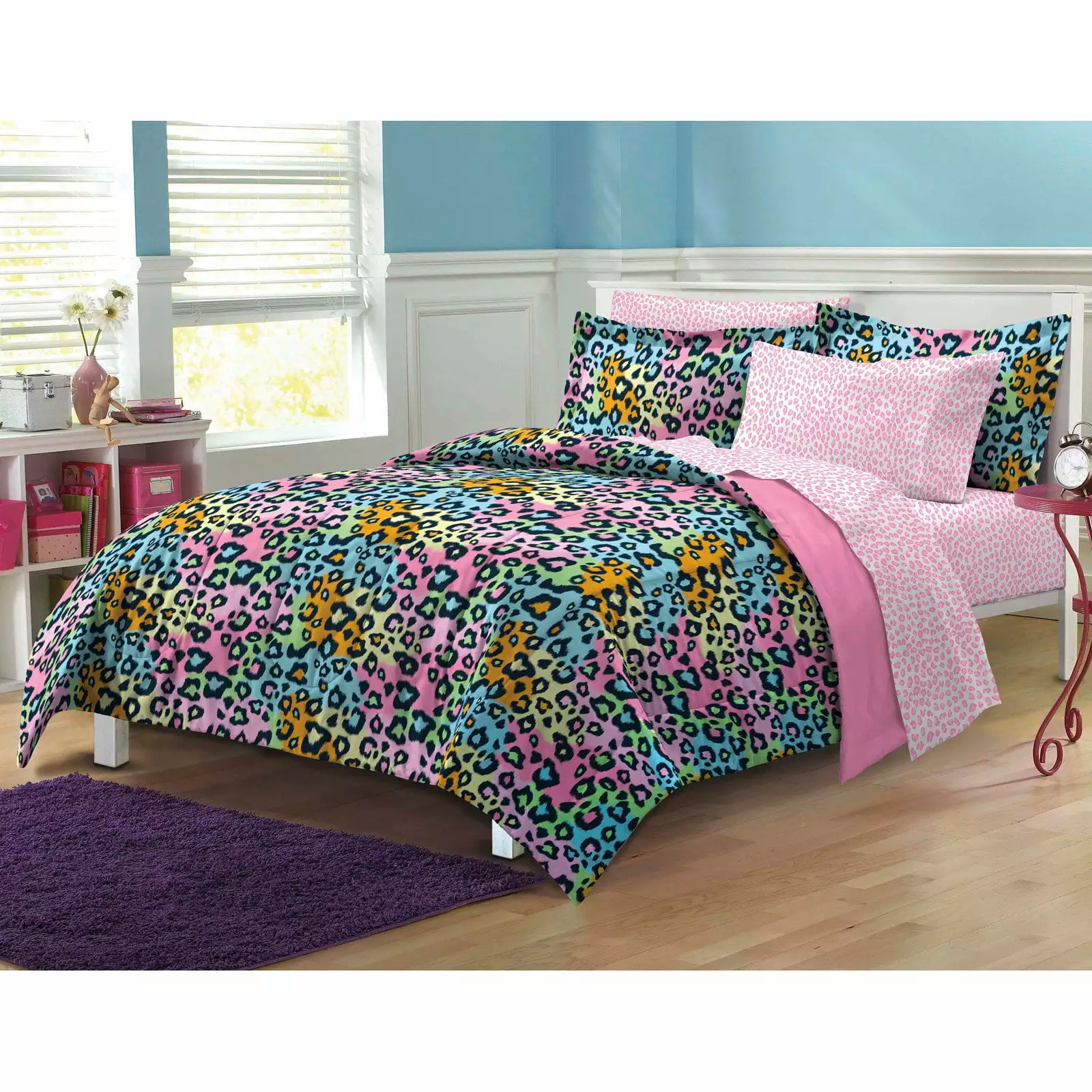 My Room Leopard Twin 5 Piece Bed in a Bag Bedding Set. Polyester. Pink. Sky Blue. Multi. Female. Child