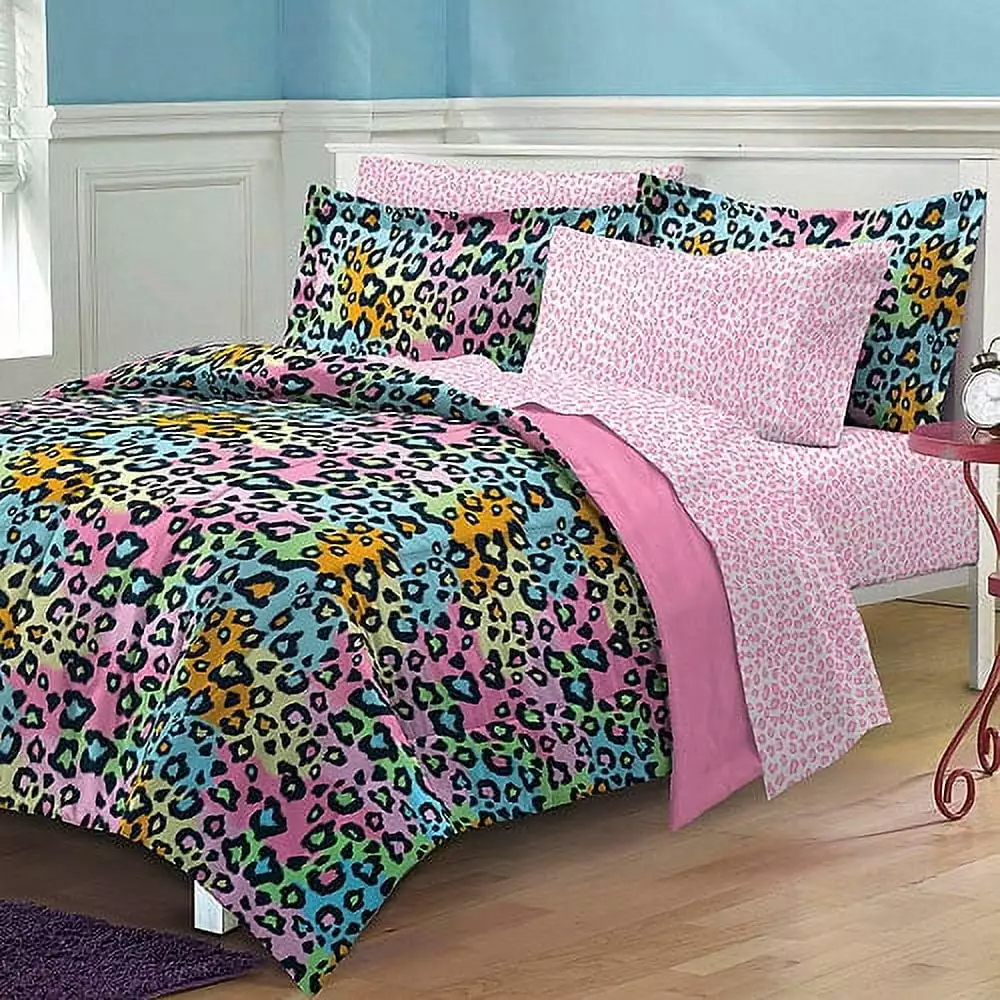 My Room Neon Leopard Queen 7 Piece Bed in a Bag Bedding Set. Polyester. Pink. Sky Blue. Multi. Female. Child