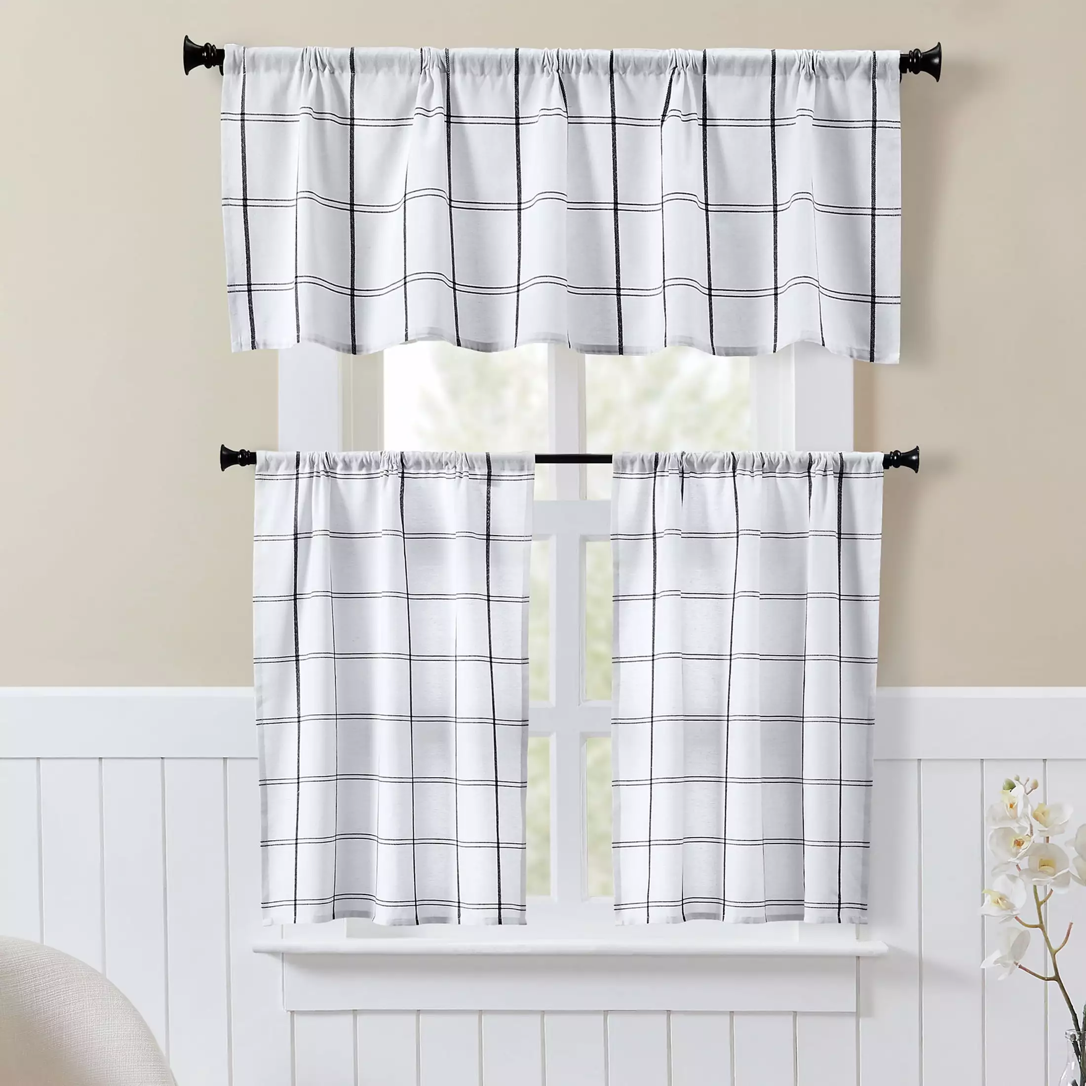 My Texas House Canton 3-Piece Light Filtering Curtain Tier and Valance Set. 60 x 36. Black/White